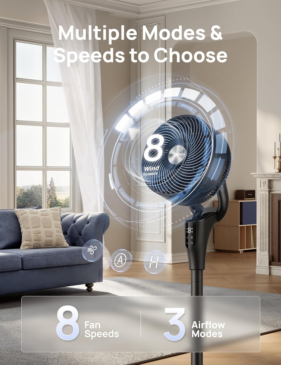 image:imageDREO Fan for Bedroom 2026 Upgraded 90ft Airflow 20dB Quiet Fan 90 Oscillating Standing Fan for Whole Room DC Motor 8H Speeds 3 Modes 3842 Adjustable Height 8H Timer 105 Manual VerticalBlack