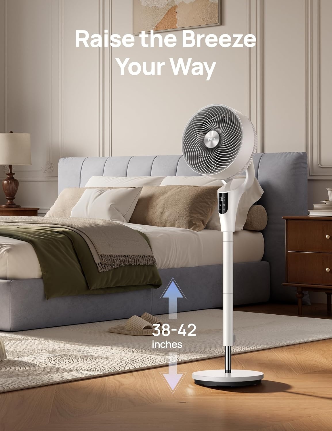 image:imageDREO Fan for Bedroom 2026 Upgraded 90ft Airflow 20dB Quiet Fan 90 Oscillating Standing Fan for Whole Room DC Motor 8H Speeds 3 Modes 3842 Adjustable Height 8H Timer 105 Manual VerticalWhite