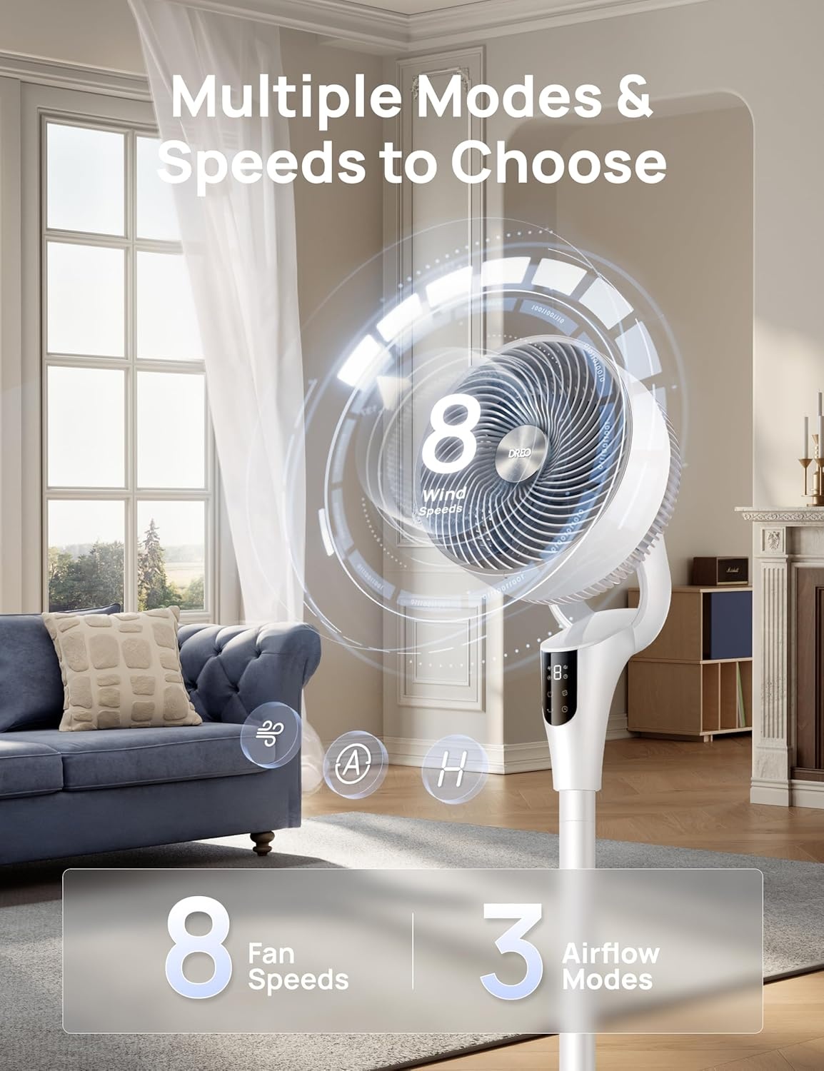 image:imageDREO Fan for Bedroom 2026 Upgraded 90ft Airflow 20dB Quiet Fan 90 Oscillating Standing Fan for Whole Room DC Motor 8H Speeds 3 Modes 3842 Adjustable Height 8H Timer 105 Manual VerticalWhite
