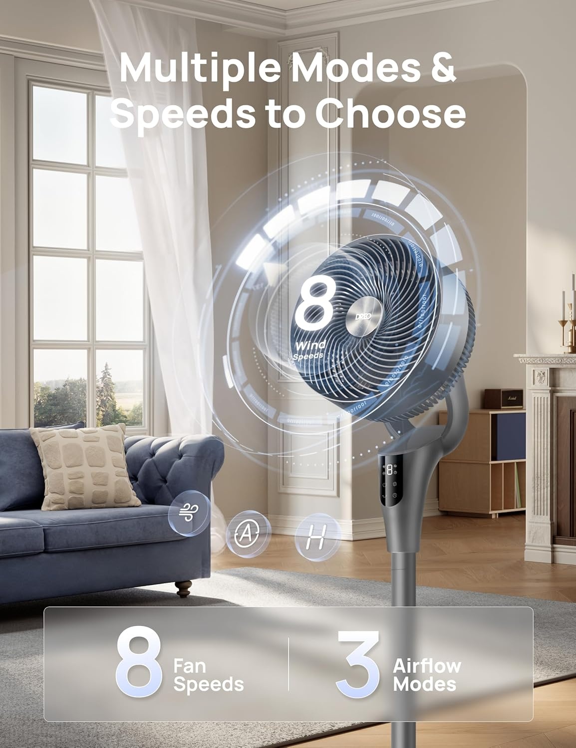 image:imageDREO Fan for Bedroom 2026 Upgraded 90ft Airflow 20dB Quiet Fan 90 Oscillating Standing Fan for Whole Room DC Motor 8H Speeds 3 Modes 3842 Adjustable Height 8H Timer 105 Manual VerticalGrey