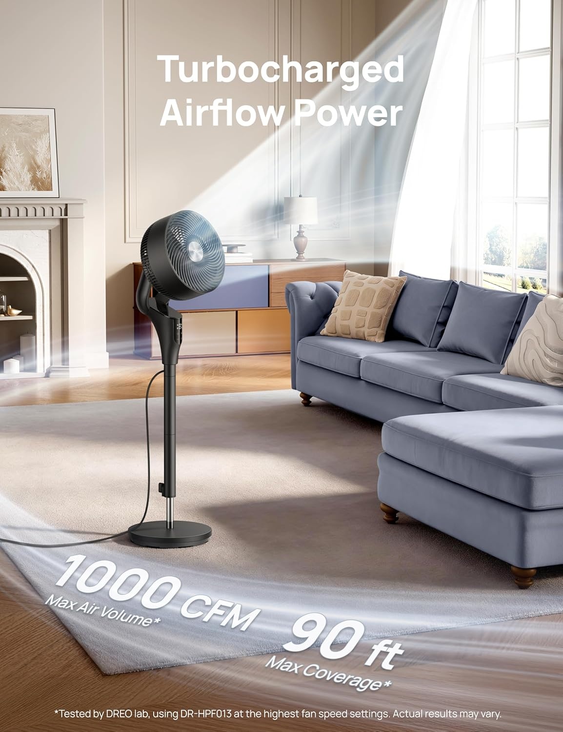 image:imageDREO Fan for Bedroom 2026 Upgraded 90ft Airflow 20dB Quiet Fan 90 Oscillating Standing Fan for Whole Room DC Motor 8H Speeds 3 Modes 3842 Adjustable Height 8H Timer 105 Manual VerticalBlack