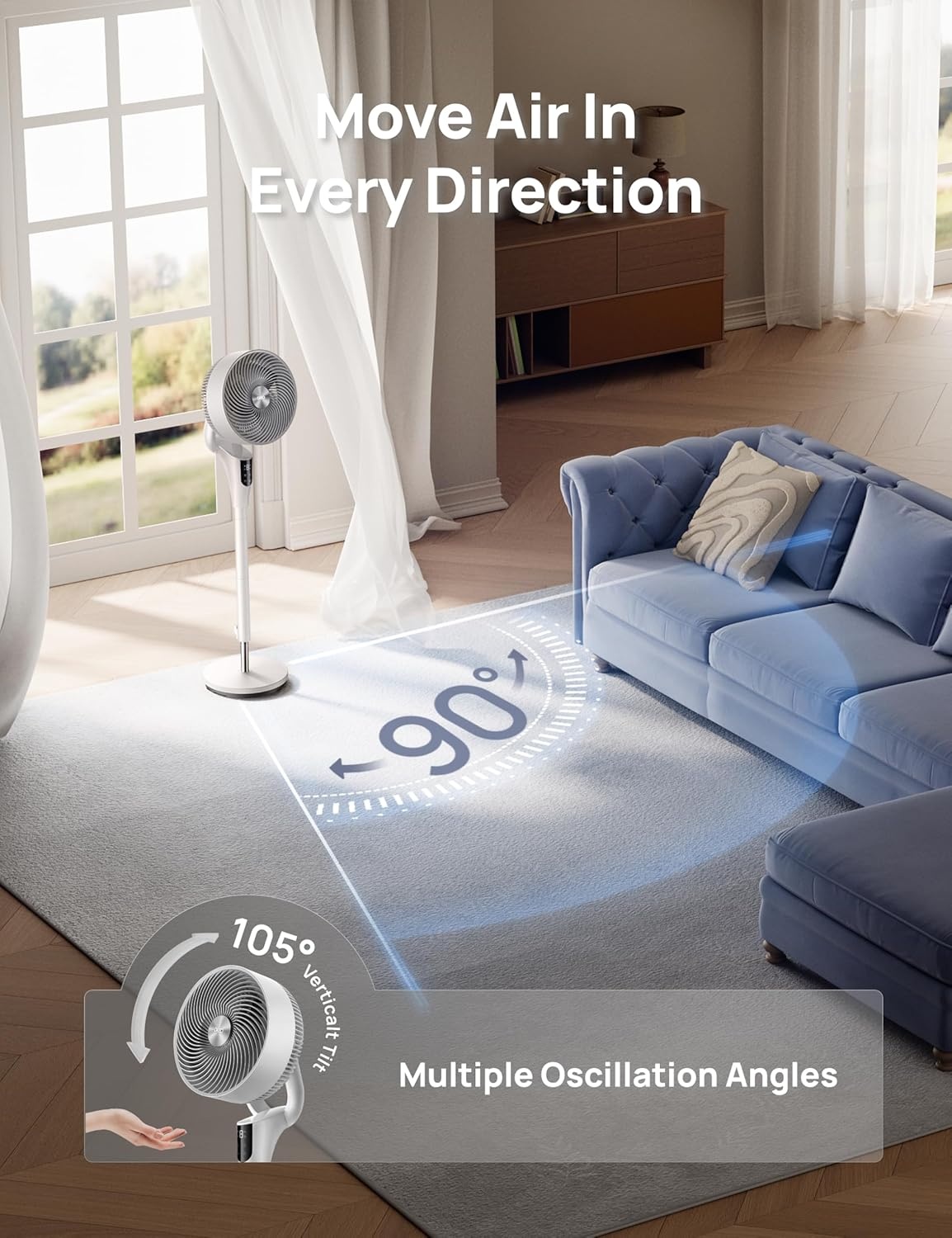 image:imageDREO Fan for Bedroom 2026 Upgraded 90ft Airflow 20dB Quiet Fan 90 Oscillating Standing Fan for Whole Room DC Motor 8H Speeds 3 Modes 3842 Adjustable Height 8H Timer 105 Manual VerticalWhite