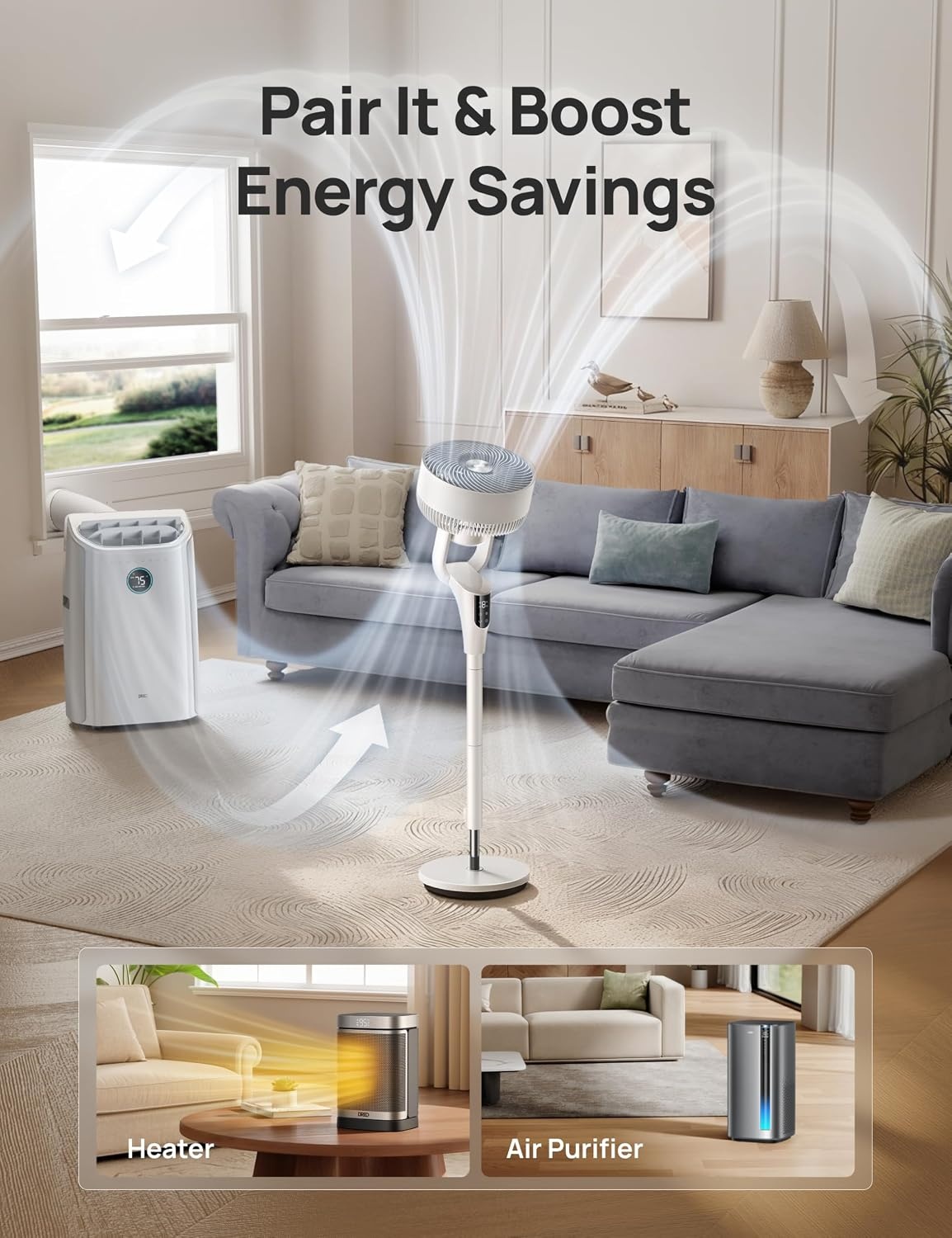 image:imageDREO Fan for Bedroom 2026 Upgraded 90ft Airflow 20dB Quiet Fan 90 Oscillating Standing Fan for Whole Room DC Motor 8H Speeds 3 Modes 3842 Adjustable Height 8H Timer 105 Manual VerticalWhite