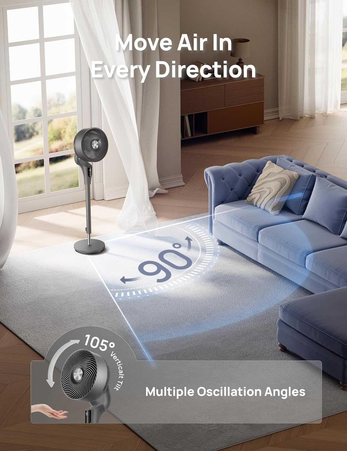 image:imageDREO Fan for Bedroom 2026 Upgraded 90ft Airflow 20dB Quiet Fan 90 Oscillating Standing Fan for Whole Room DC Motor 8H Speeds 3 Modes 3842 Adjustable Height 8H Timer 105 Manual VerticalGrey