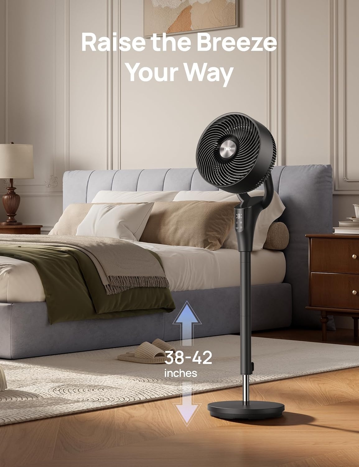 image:imageDREO Fan for Bedroom 2026 Upgraded 90ft Airflow 20dB Quiet Fan 90 Oscillating Standing Fan for Whole Room DC Motor 8H Speeds 3 Modes 3842 Adjustable Height 8H Timer 105 Manual VerticalBlack