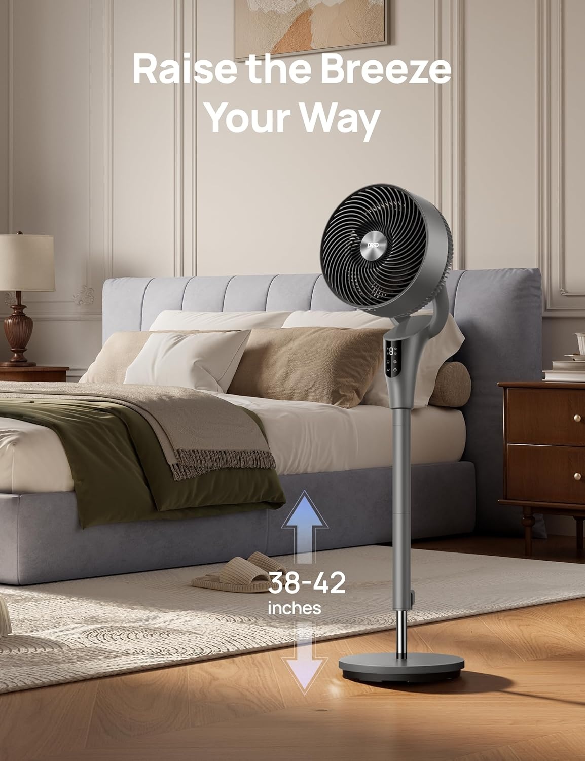 image:imageDREO Fan for Bedroom 2026 Upgraded 90ft Airflow 20dB Quiet Fan 90 Oscillating Standing Fan for Whole Room DC Motor 8H Speeds 3 Modes 3842 Adjustable Height 8H Timer 105 Manual VerticalGrey