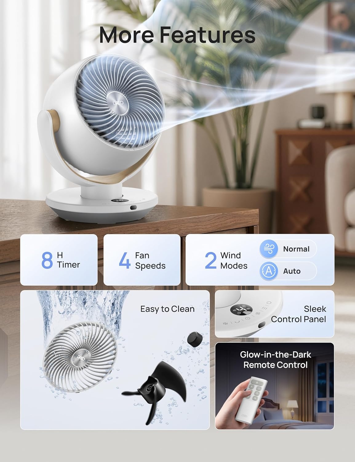 image:imageDREO Fan for Bedroom Desk Air Circulator Fans with Remote 11 Inch Table Fan for Whole Room 65ft Powerful Airflow 120 Vertical Manual and 90 Oscillating 4 Speeds 8H Timer 25dB Quiet HomePury White