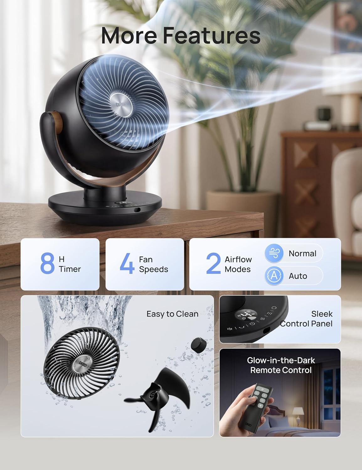 image:imageDREO Fan for Bedroom Desk Air Circulator Fans with Remote 11 Inch Table Fan for Whole Room 65ft Powerful Airflow 120 Vertical Manual and 90 Oscillating 4 Speeds 8H Timer 25dB Quiet HomeBlack