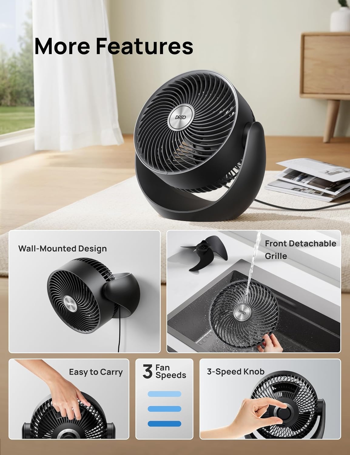 image:imageDREO Fan for Bedroom Table Air Circulator for Whole Room 11 Inch 60ft Strong Airflow 120 adjustable tilt 20db Low Noise Quiet 3 Speeds Desk Fan for HomeOffice KitchenBlack