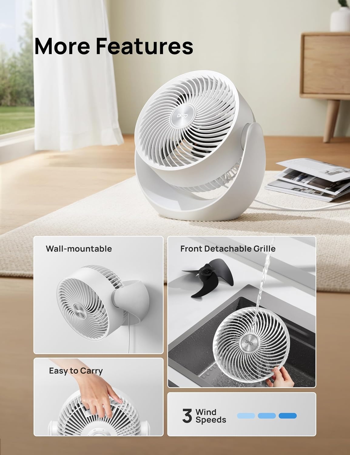 image:imageDREO Fan for Bedroom Table Air Circulator for Whole Room 11 Inch 60ft Strong Airflow 120 adjustable tilt 20db Low Noise Quiet 3 Speeds Desk Fan for HomeOffice KitchenWhite