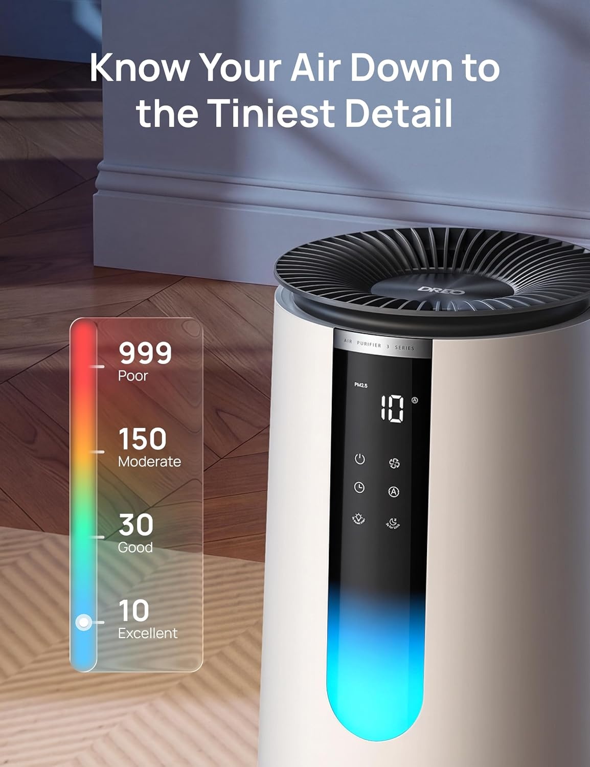 image:imageDREO Home Air Purifier 338 Bedroom HEPA Air Cleaner for Dorm Room Pets Smoke Dust PollenOdor with Scent DiffuserPM25 Quality Monitor 4 Fan Speeds amp AutoTurbo18dB Quiet Sleep Mode DRHAP008
