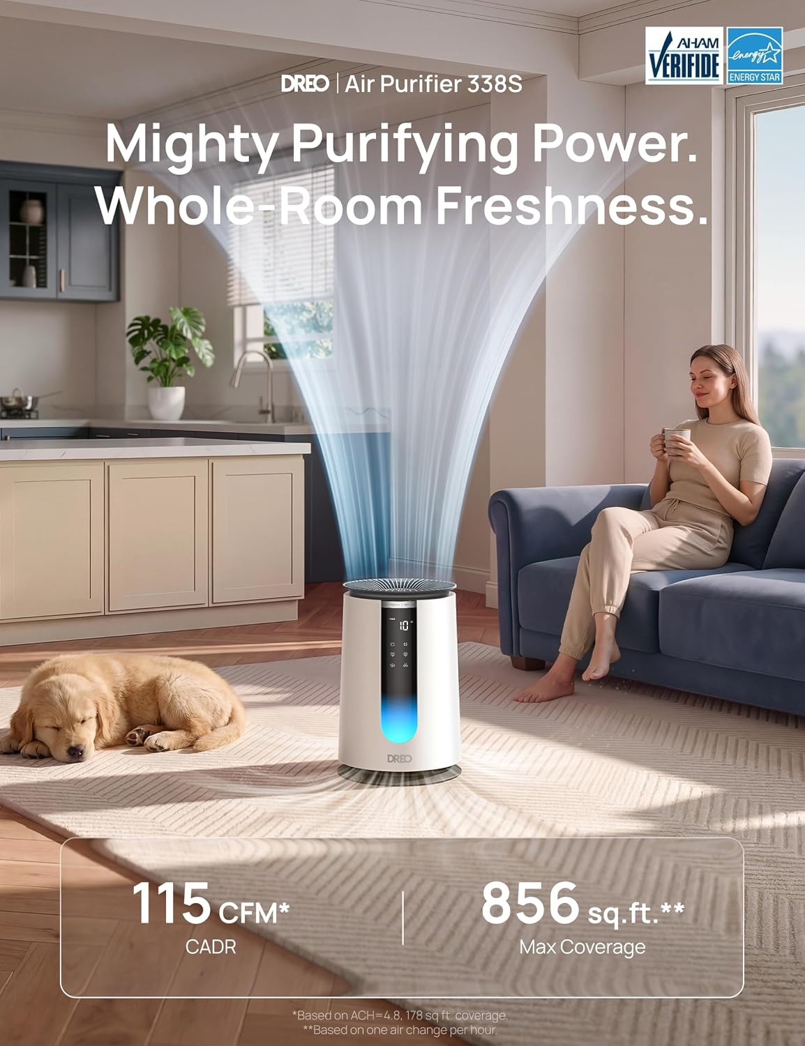 image:imageDREO Home Air Purifier 338 Bedroom HEPA Air Cleaner for Dorm Room Pets Smoke Dust PollenOdor with Scent DiffuserPM25 Quality Monitor 4 Fan Speeds amp AutoTurbo18dB Quiet Sleep Mode DRHAP008