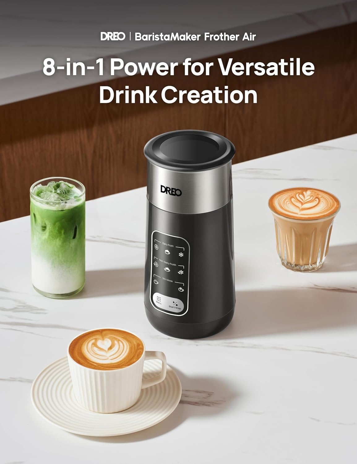 image:imageDREO Milk Frother 8in1 Electric Stainless Steel Frother for Latte Art Microfoam and Coffee 9oz270ml Warm and Cold Foam Automatic Frothers LED Easy to CleanMidnight Black