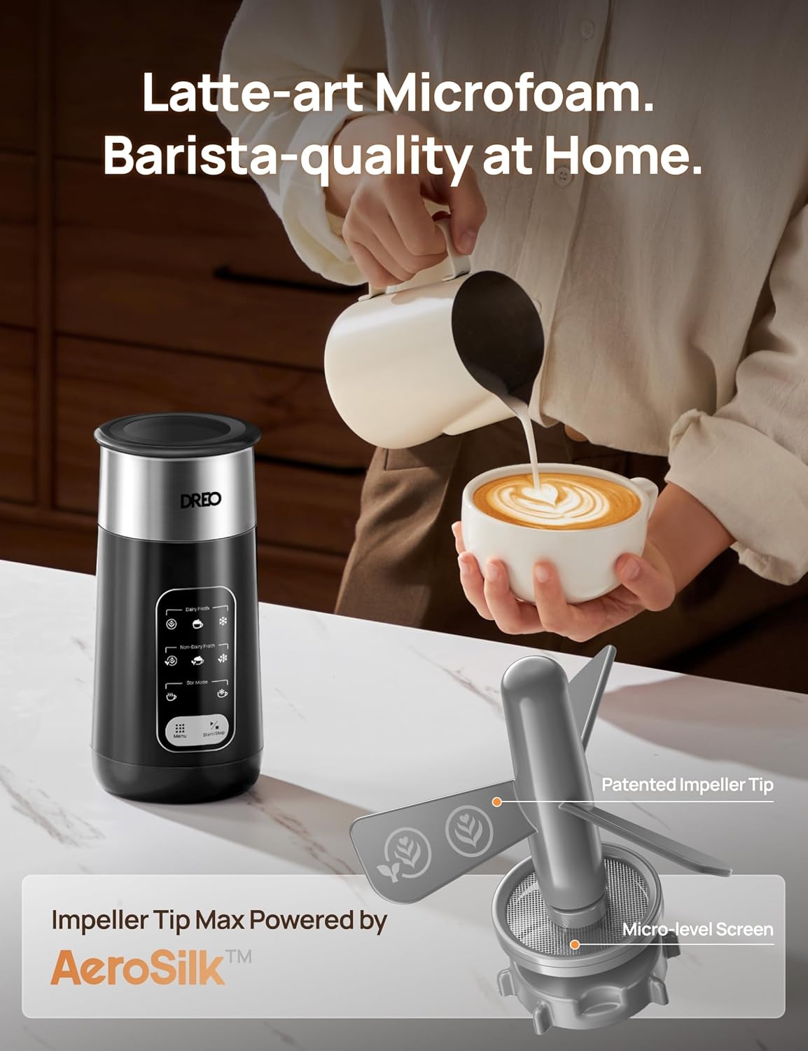 image:imageDREO Milk Frother 8in1 Electric Stainless Steel Frother for Latte Art Microfoam and Coffee 9oz270ml Warm and Cold Foam Automatic Frothers LED Easy to CleanMidnight Black