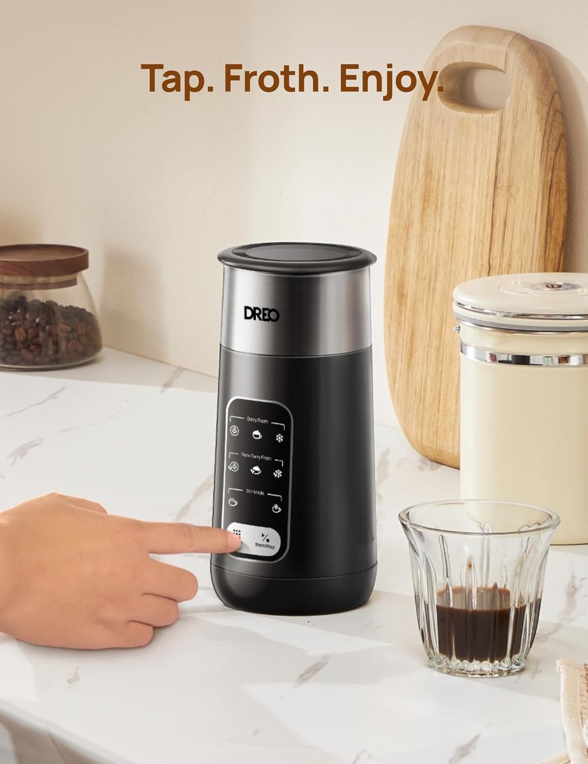image:imageDREO Milk Frother 8in1 Electric Stainless Steel Frother for Latte Art Microfoam and Coffee 9oz270ml Warm and Cold Foam Automatic Frothers LED Easy to CleanMidnight Black
