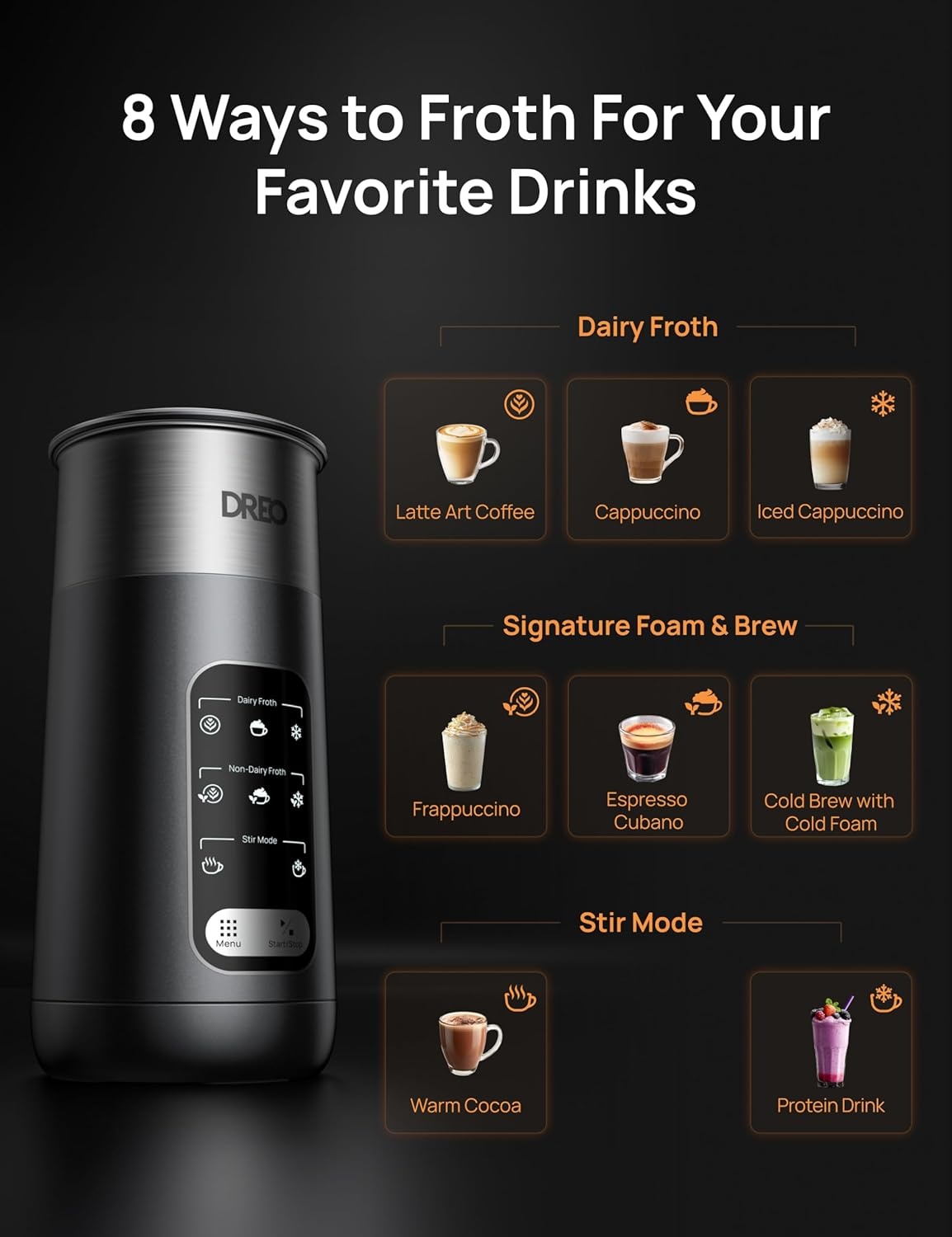 image:imageDREO Milk Frother 8in1 Electric Stainless Steel Frother for Latte Art Microfoam and Coffee 9oz270ml Warm and Cold Foam Automatic Frothers LED Easy to CleanMidnight Black