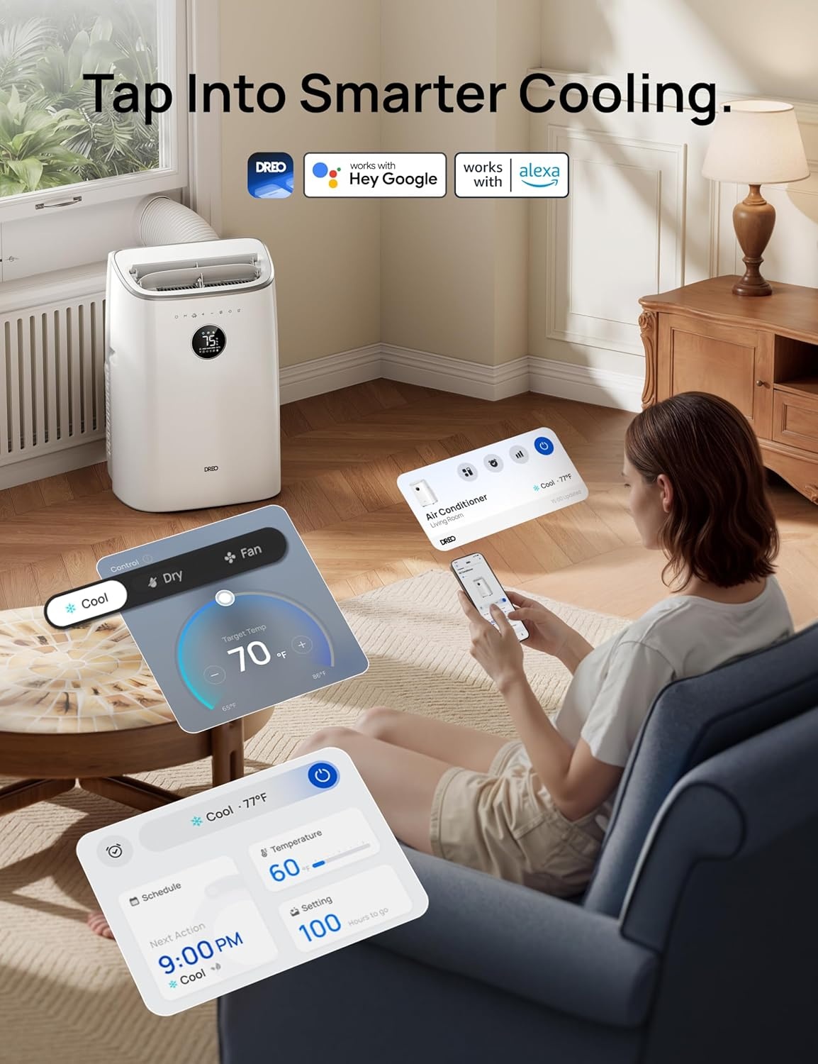 image:imageDREO Portable Air Conditioner 318S 8000 BTU ASHRAE 5000 BTU DOE Smart AC Unit for Bedroom with Drainagefree Cooling FanampDehumidifier 3 in 1 APPVoiceRemote Quiet Standing AC for Room IndoorsWhite