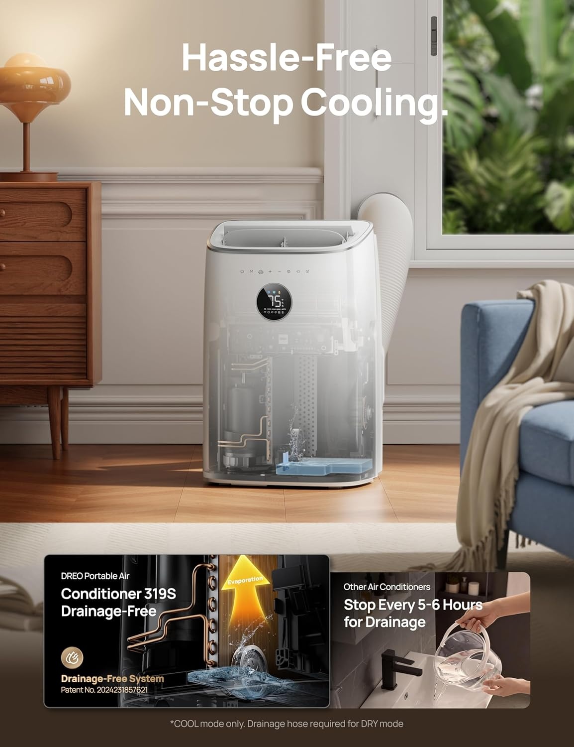 image:imageDREO Portable Air Conditioner 318S 8000 BTU ASHRAE 5000 BTU DOE Smart AC Unit for Bedroom with Drainagefree Cooling FanampDehumidifier 3 in 1 APPVoiceRemote Quiet Standing AC for Room IndoorsWhite