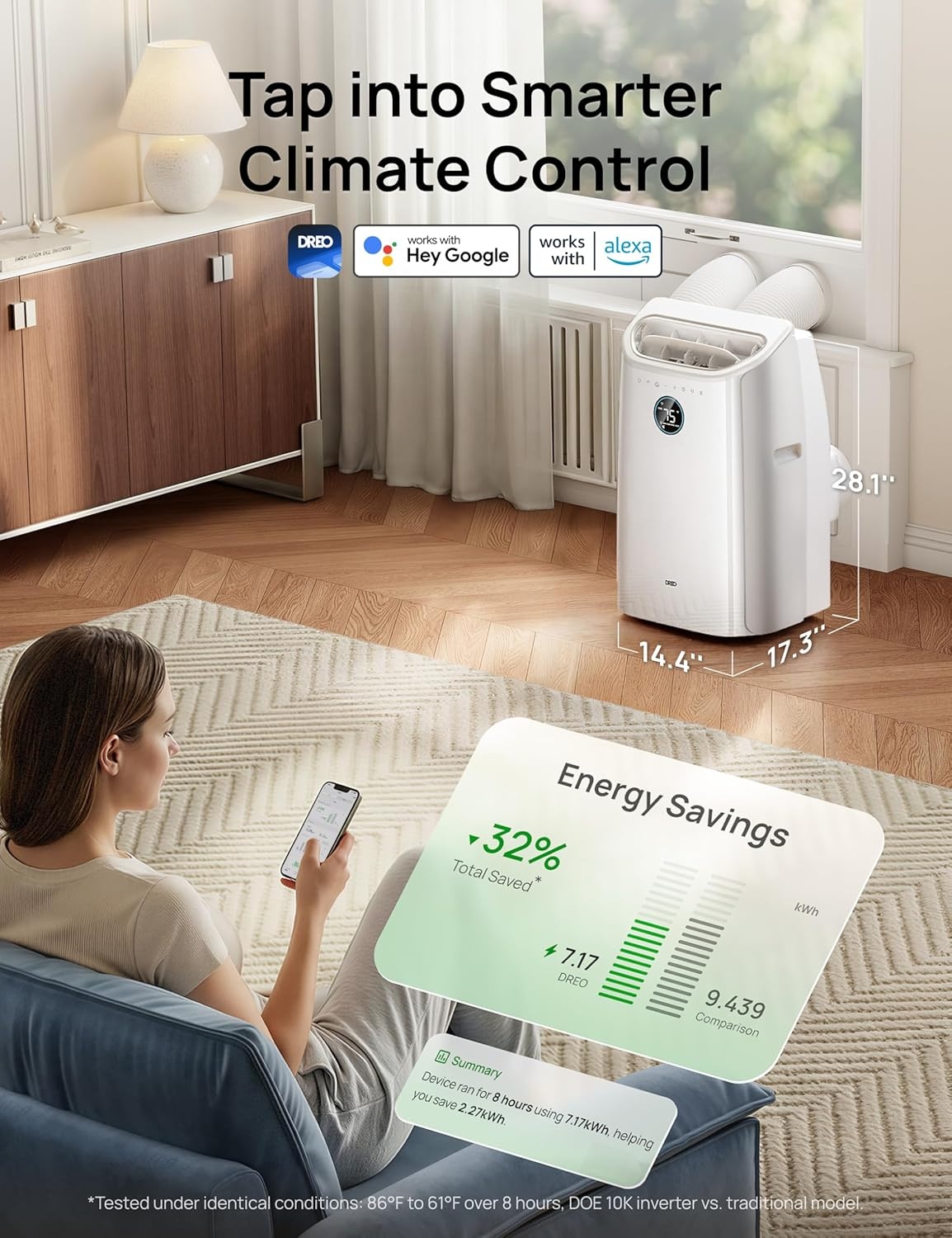 image:imageDREO Portable Air Conditioner 515S 12000 BTU ASHRAE 8000 BTU DOE Smart AC Unit for Bedroom with Drainagefree Cooling FanampDehumidifier 3 in 1 APPVoiceRemote Quiet Standing AC for Room IndoorsWhite Inverter