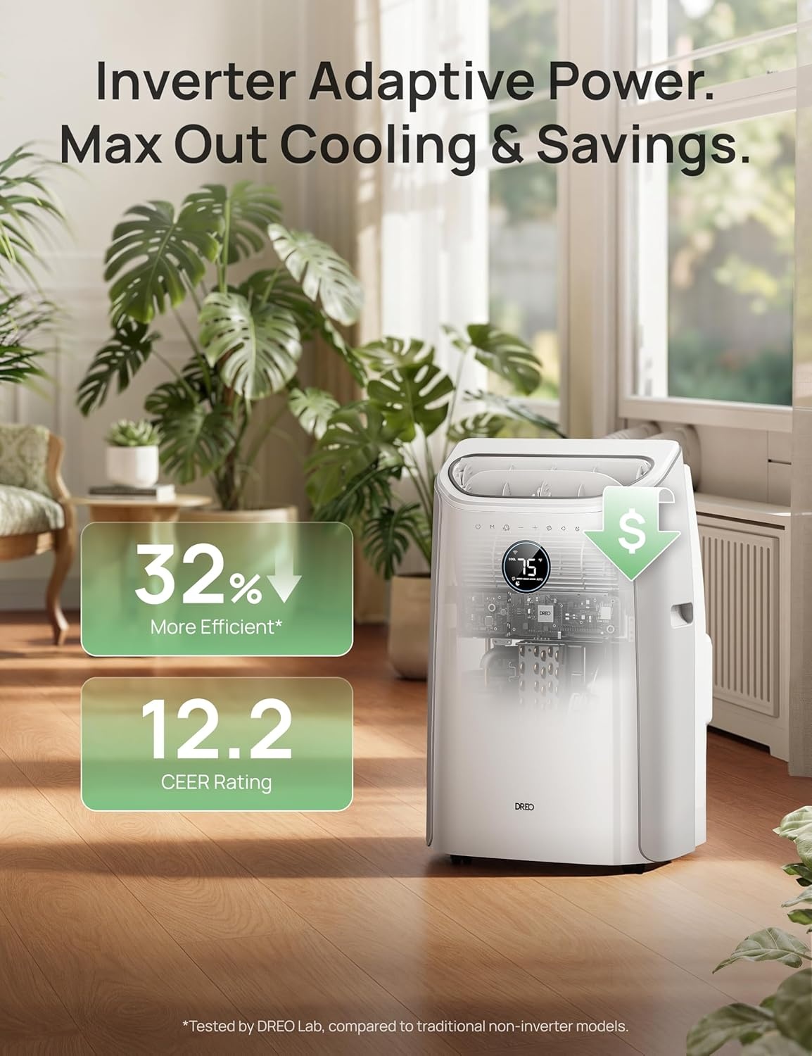 image:imageDREO Portable Air Conditioner 515S 12000 BTU ASHRAE 8000 BTU DOE Smart AC Unit for Bedroom with Drainagefree Cooling FanampDehumidifier 3 in 1 APPVoiceRemote Quiet Standing AC for Room IndoorsWhite Inverter