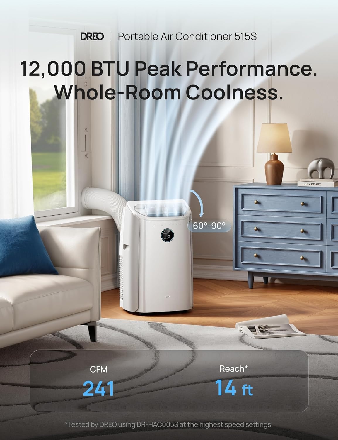 image:imageDREO Portable Air Conditioner 515S 12000 BTU ASHRAE 8000 BTU DOE Smart AC Unit for Bedroom with Drainagefree Cooling FanampDehumidifier 3 in 1 APPVoiceRemote Quiet Standing AC for Room IndoorsWhite