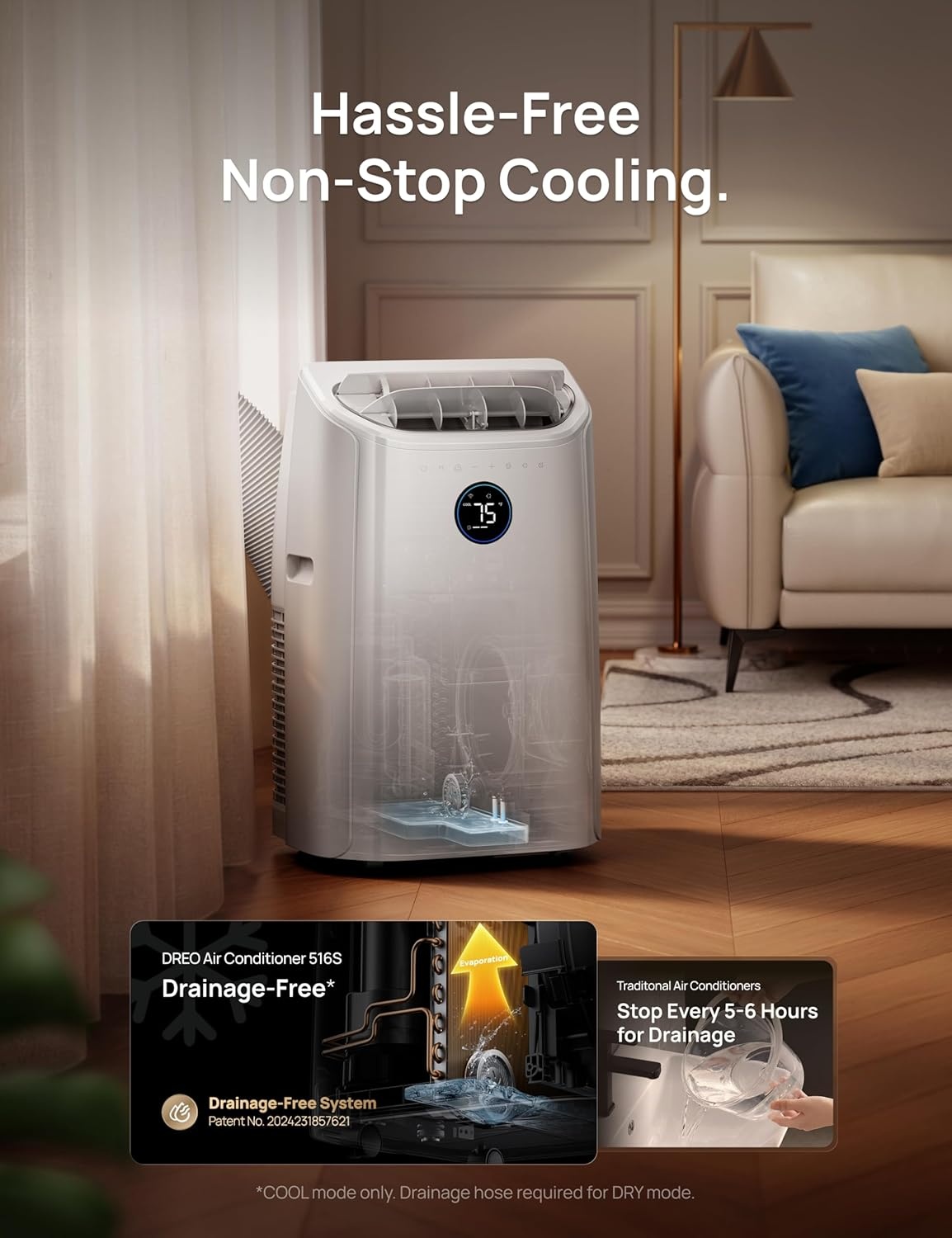 image:imageDREO Portable Air Conditioner 515S 12000 BTU ASHRAE 8000 BTU DOE Smart AC Unit for Bedroom with Drainagefree Cooling FanampDehumidifier 3 in 1 APPVoiceRemote Quiet Standing AC for Room IndoorsWhite
