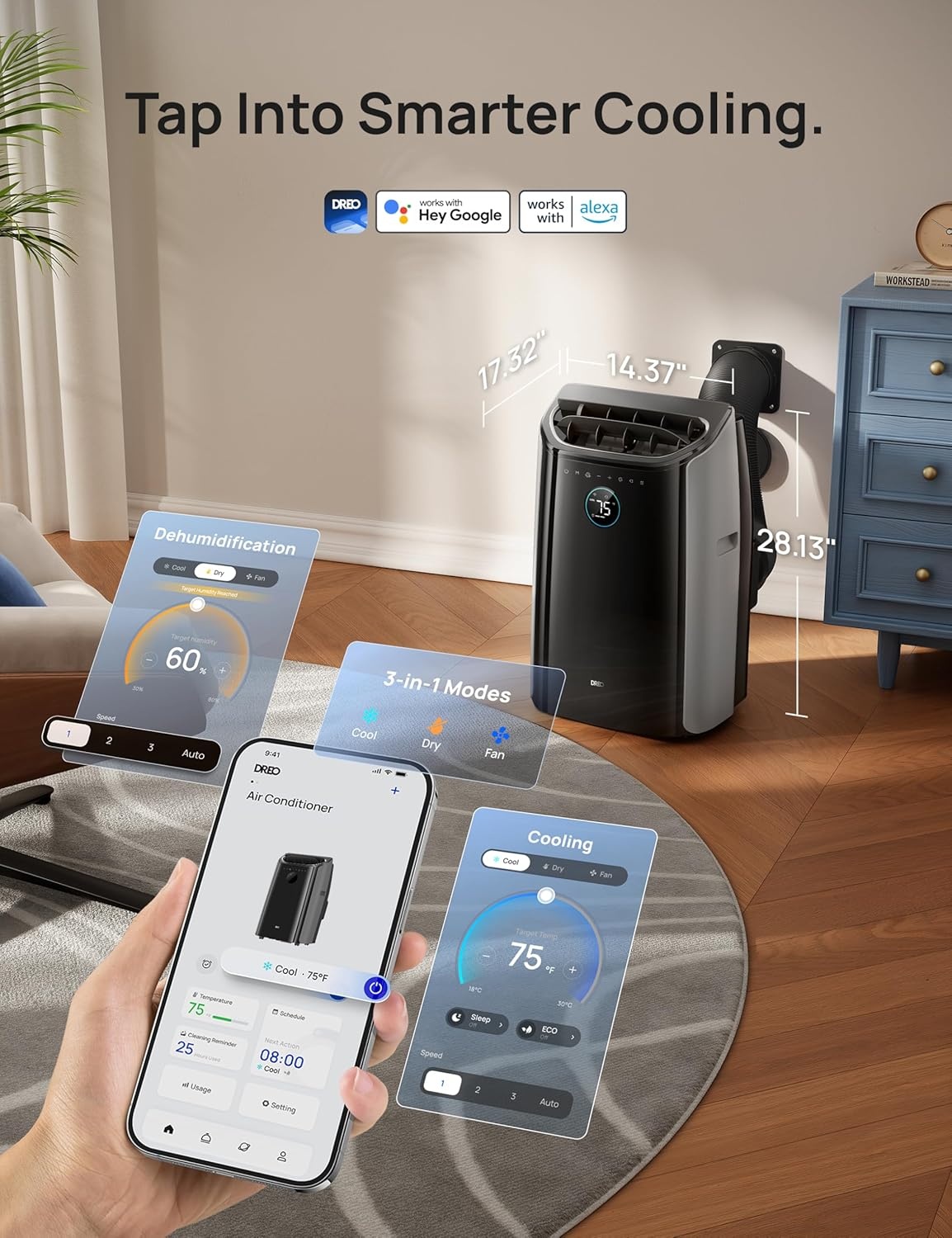 image:imageDREO Portable Air Conditioner 515S 12000 BTU ASHRAE 8000 BTU DOE Smart AC Unit for Bedroom with Drainagefree Cooling FanampDehumidifier 3 in 1 APPVoiceRemote Quiet Standing AC for Room IndoorsBlack