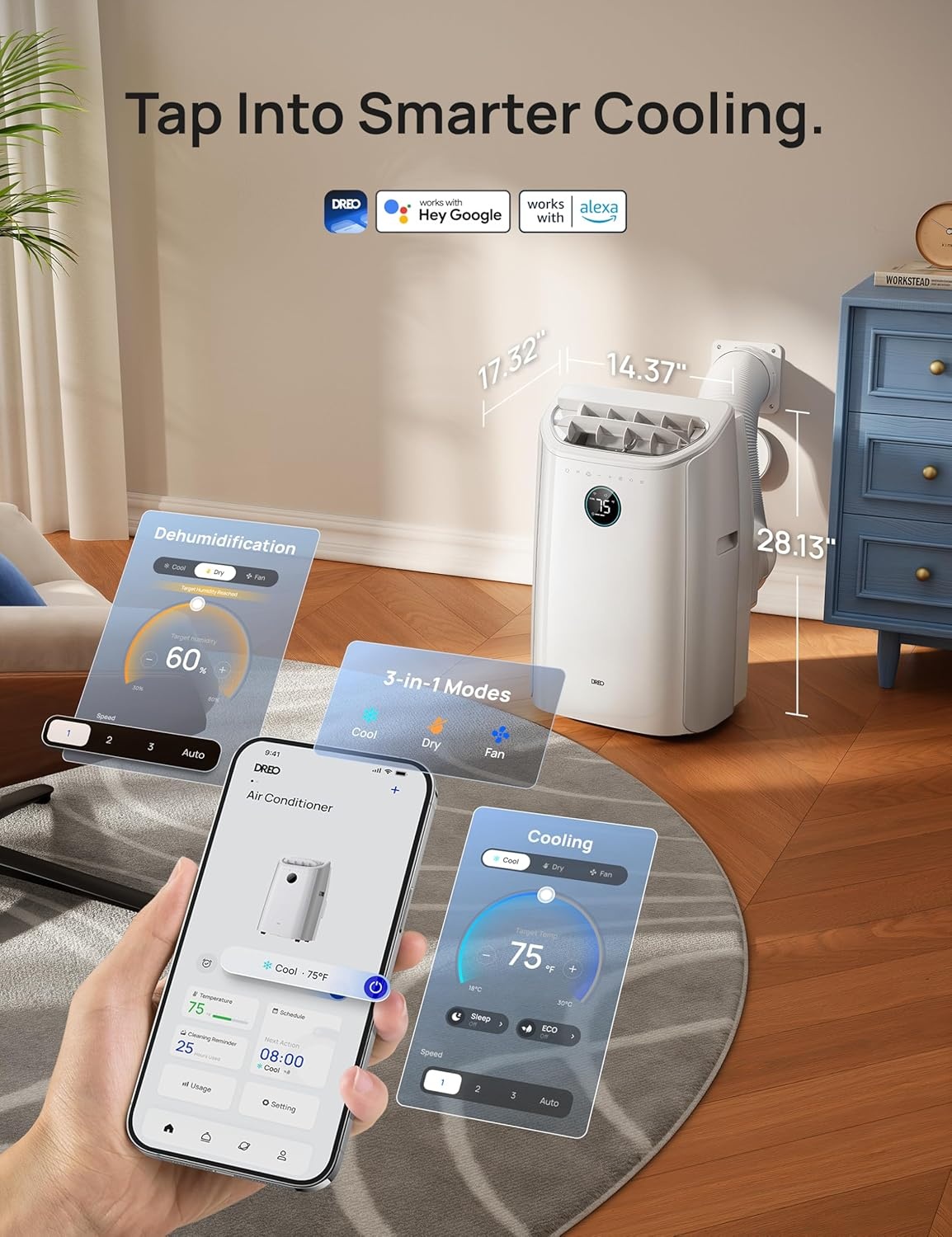 image:imageDREO Portable Air Conditioner 515S 12000 BTU ASHRAE 8000 BTU DOE Smart AC Unit for Bedroom with Drainagefree Cooling FanampDehumidifier 3 in 1 APPVoiceRemote Quiet Standing AC for Room IndoorsWhite