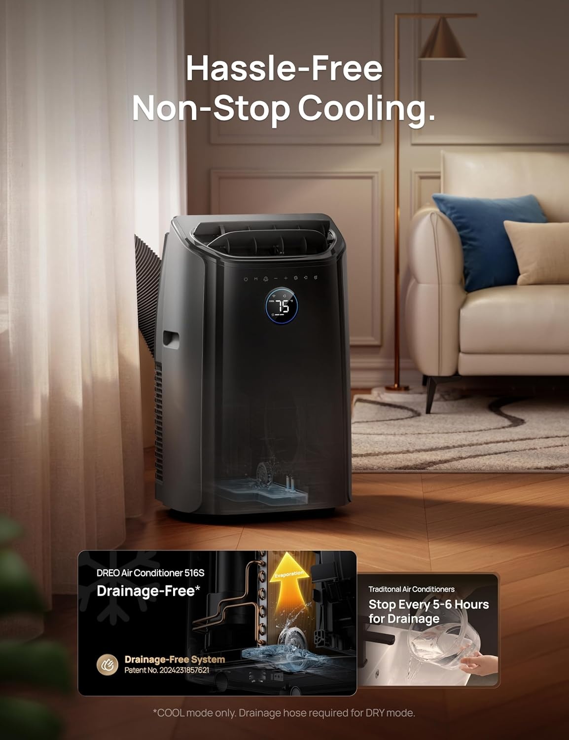 image:imageDREO Portable Air Conditioner 515S 12000 BTU ASHRAE 8000 BTU DOE Smart AC Unit for Bedroom with Drainagefree Cooling FanampDehumidifier 3 in 1 APPVoiceRemote Quiet Standing AC for Room IndoorsBlack