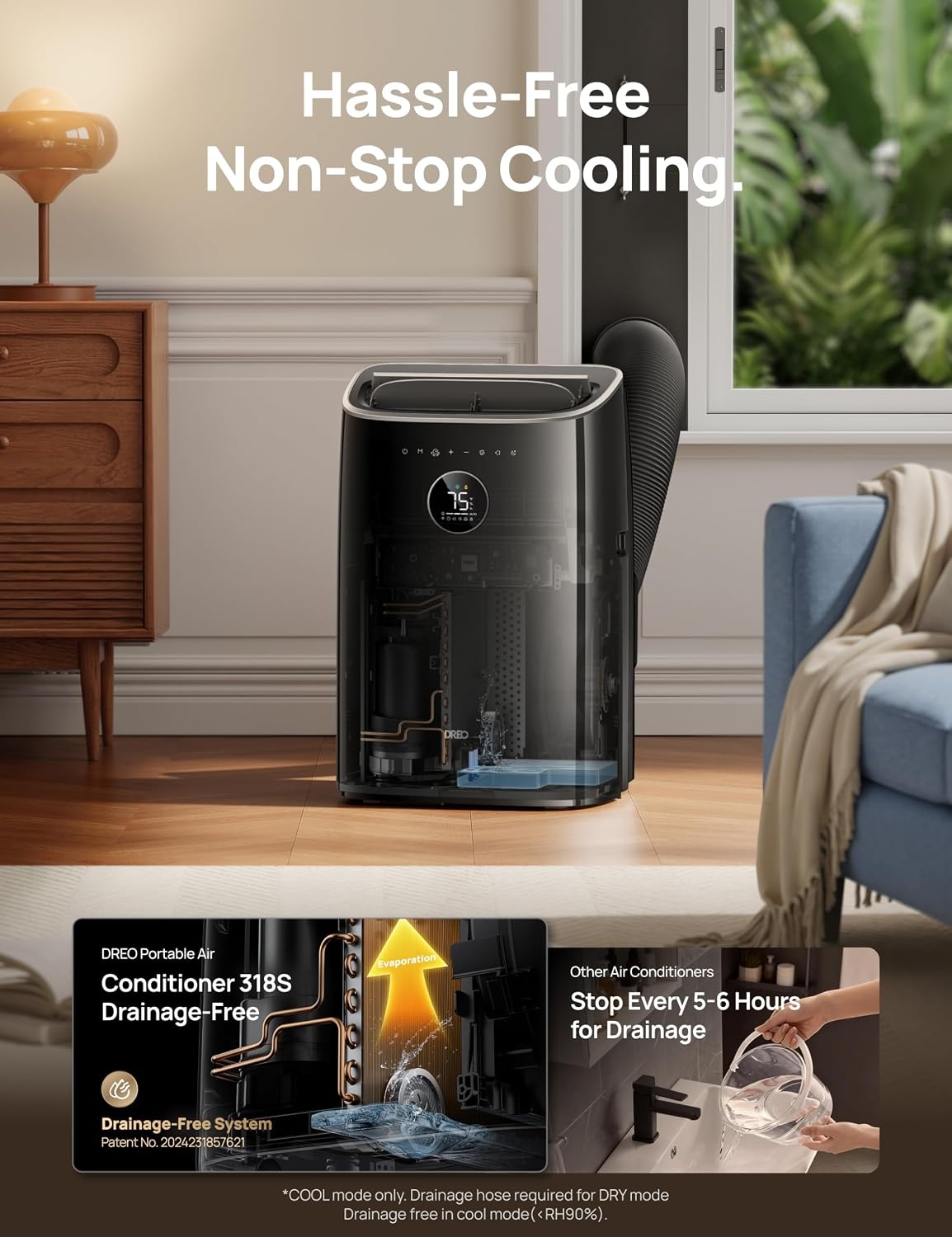 image:imageDREO Portable Air Conditioner 543S 11000 BTU ASHRAE 7200 BTU DOE Smart AC Unit for Bedroom with Drainagefree Cooling FanampDehumidifier 3 in 1 APPVoiceRemote Quiet Standing AC for Room IndoorsBlack