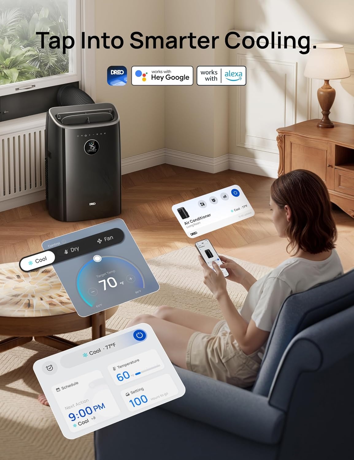 image:imageDREO Portable Air Conditioner 543S 11000 BTU ASHRAE 7200 BTU DOE Smart AC Unit for Bedroom with Drainagefree Cooling FanampDehumidifier 3 in 1 APPVoiceRemote Quiet Standing AC for Room IndoorsBlack