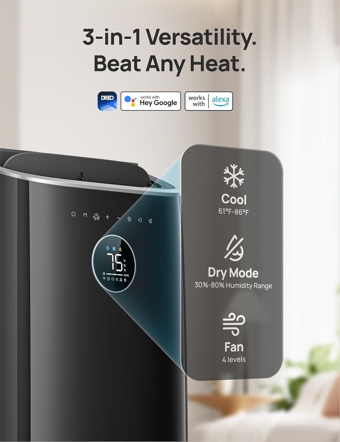 image:imageDREO Portable Air Conditioner 543S 11000 BTU ASHRAE 7200 BTU DOE Smart AC Unit for Bedroom with Drainagefree Cooling FanampDehumidifier 3 in 1 APPVoiceRemote Quiet Standing AC for Room IndoorsBlack