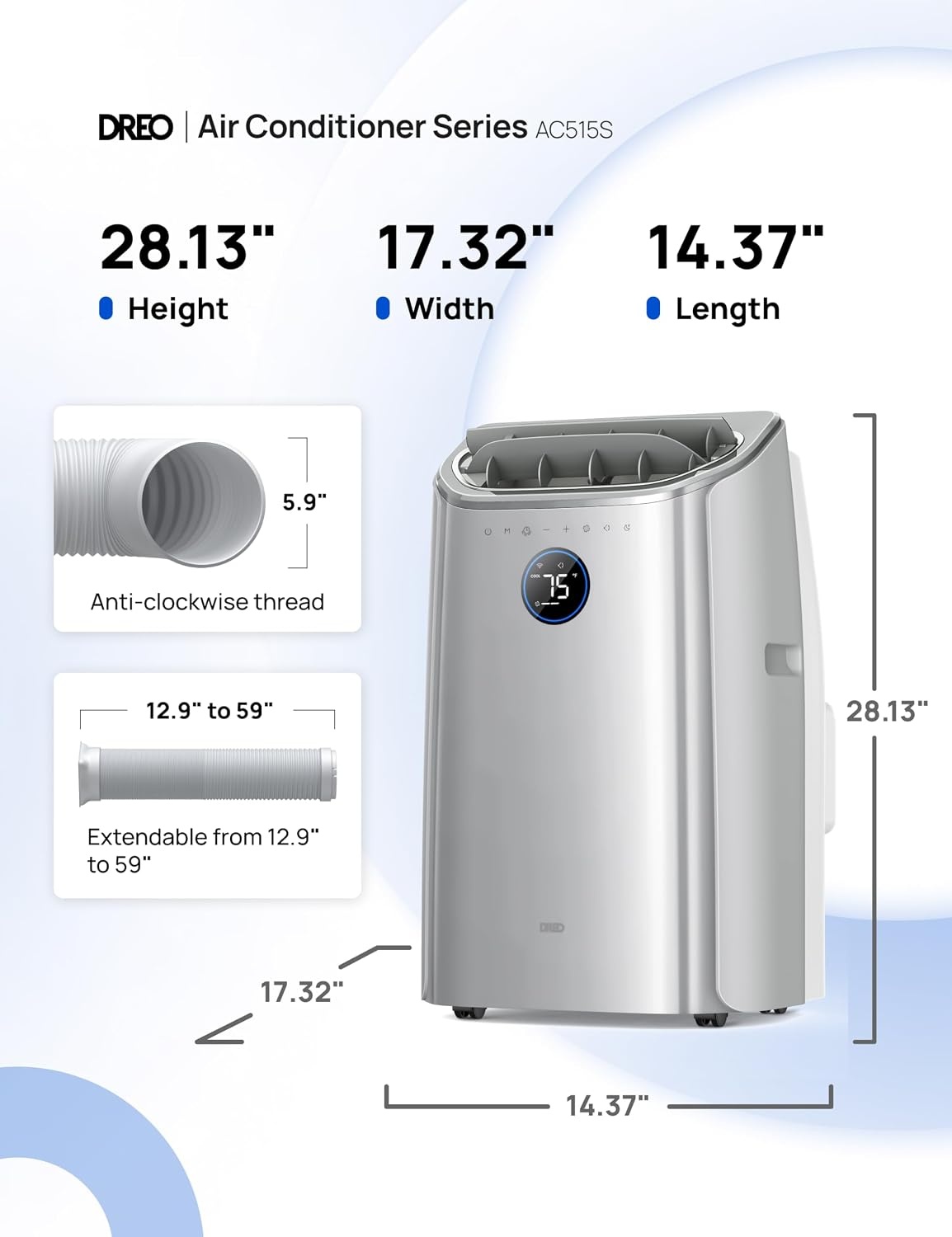image:imageDREO Portable Air Conditioners 12000 BTU AC Unit for Bedroom with Drainagefree Cooling 46dB Quiet APPVoiceRemote 24h Timer with Fan amp Dehumidifier Smart Standing AC for Room Indoors AC515SSilver