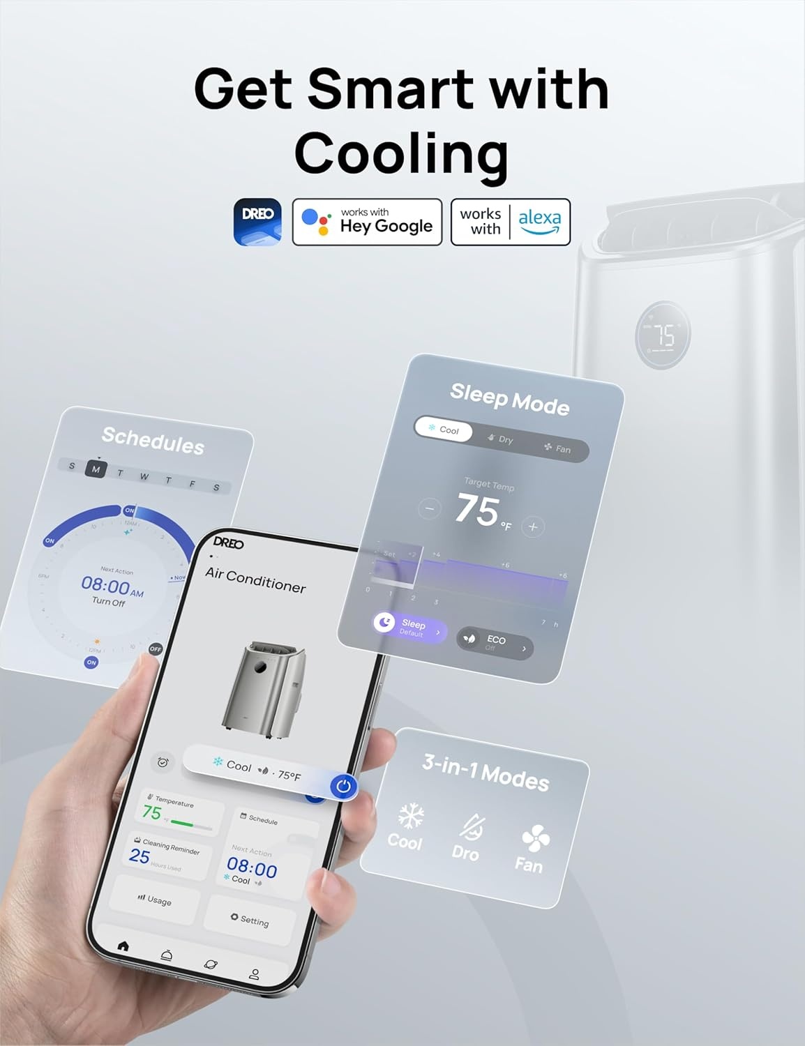 image:imageDREO Portable Air Conditioners 12000 BTU AC Unit for Bedroom with Drainagefree Cooling 46dB Quiet APPVoiceRemote 24h Timer with Fan amp Dehumidifier Smart Standing AC for Room Indoors AC515SSilver