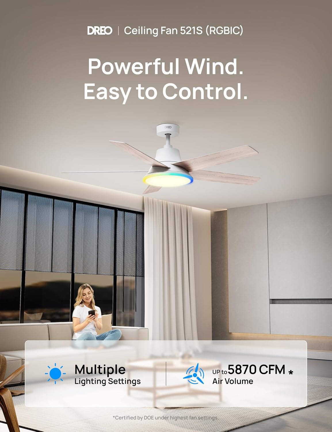 image:imageDREO Smart Ceiling Fan with Lights 52 Inch 12 Speeds amp 3 Fan Modes Stepless Dimmable LED Light Timer 22dB Quiet DC Motor RemoteAPPAlexa Control Silver Ceiling Fans Indoor 2026 UpgradedWhite