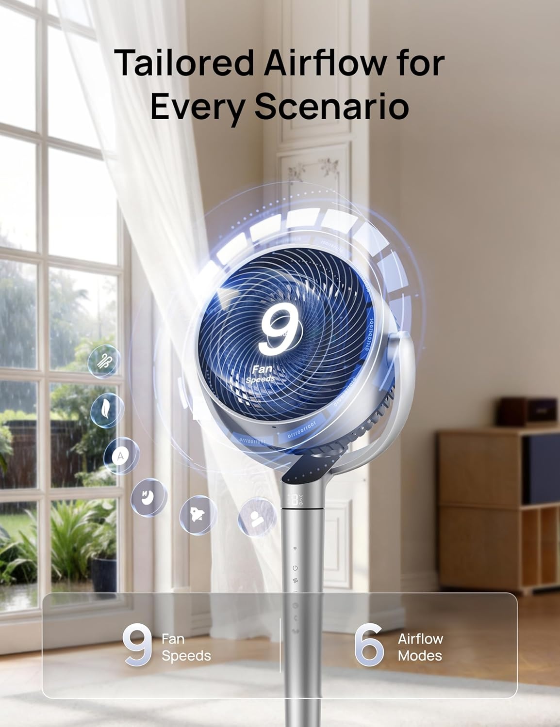image:imageDREO Smart Fan for Bedroom 110ft Pedestal Fan with DC Motor 150120 OmniDirectional Oscillation Quiet Floor Fan with Smart Control 9 Speeds 6 Modes 43 Inches 12H Timer WiFiVoiceAlexaSilver