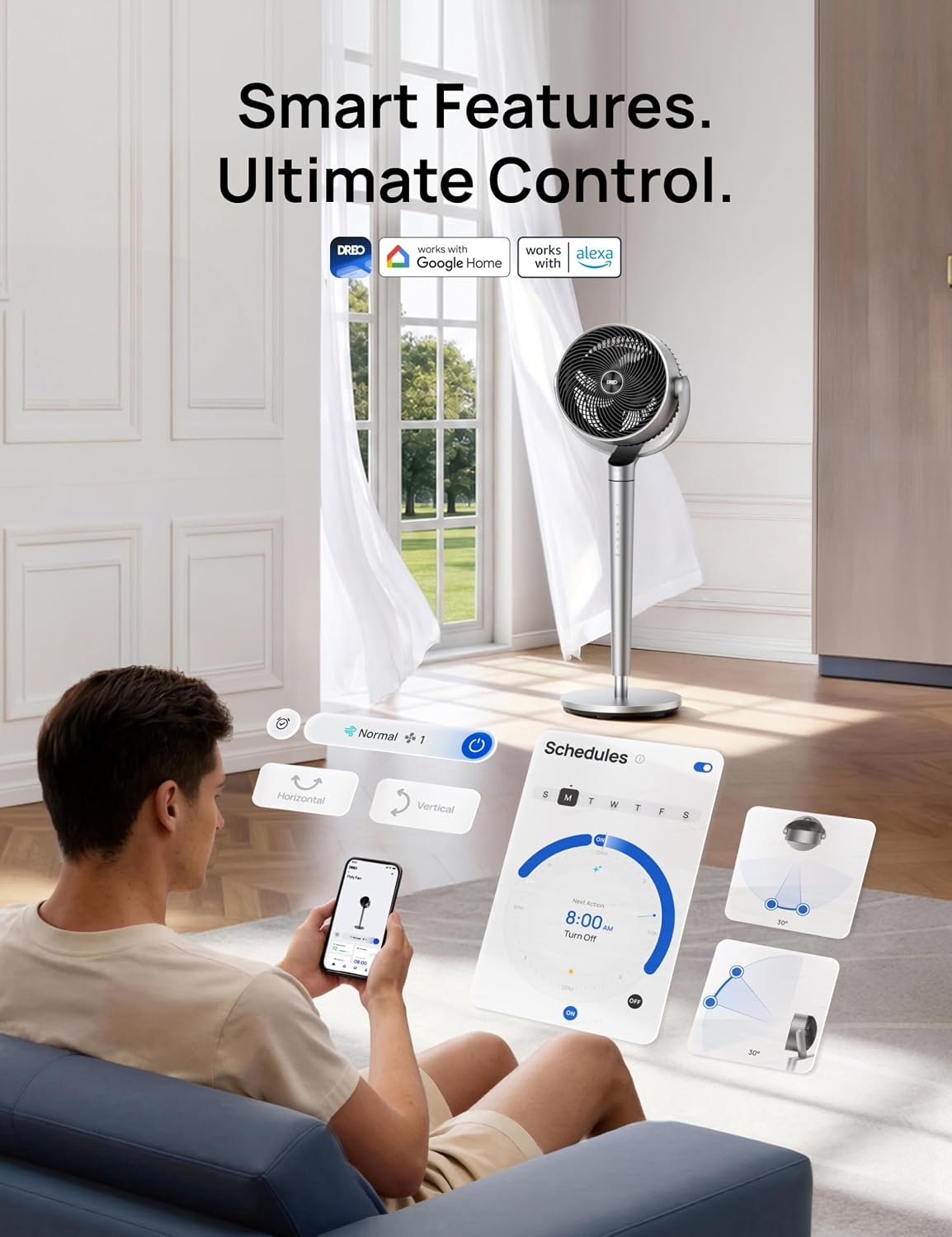 image:imageDREO Smart Fan for Bedroom 110ft Pedestal Fan with DC Motor 150120 OmniDirectional Oscillation Quiet Floor Fan with Smart Control 9 Speeds 6 Modes 43 Inches 12H Timer WiFiVoiceAlexaSilver
