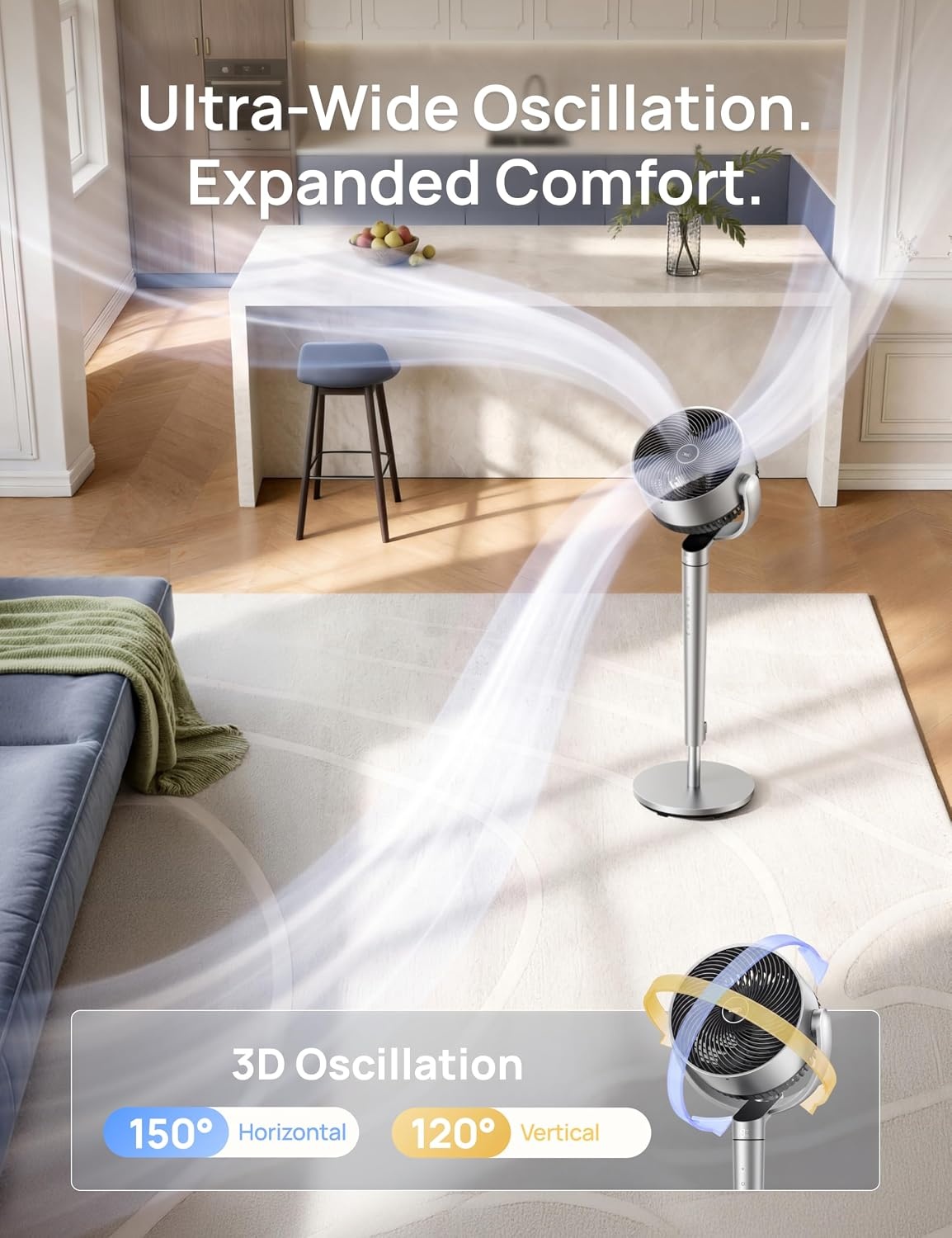 image:imageDREO Smart Fan for Bedroom 110ft Pedestal Fan with DC Motor 150120 OmniDirectional Oscillation Quiet Floor Fan with Smart Control 9 Speeds 6 Modes 43 Inches 12H Timer WiFiVoiceAlexaSilver