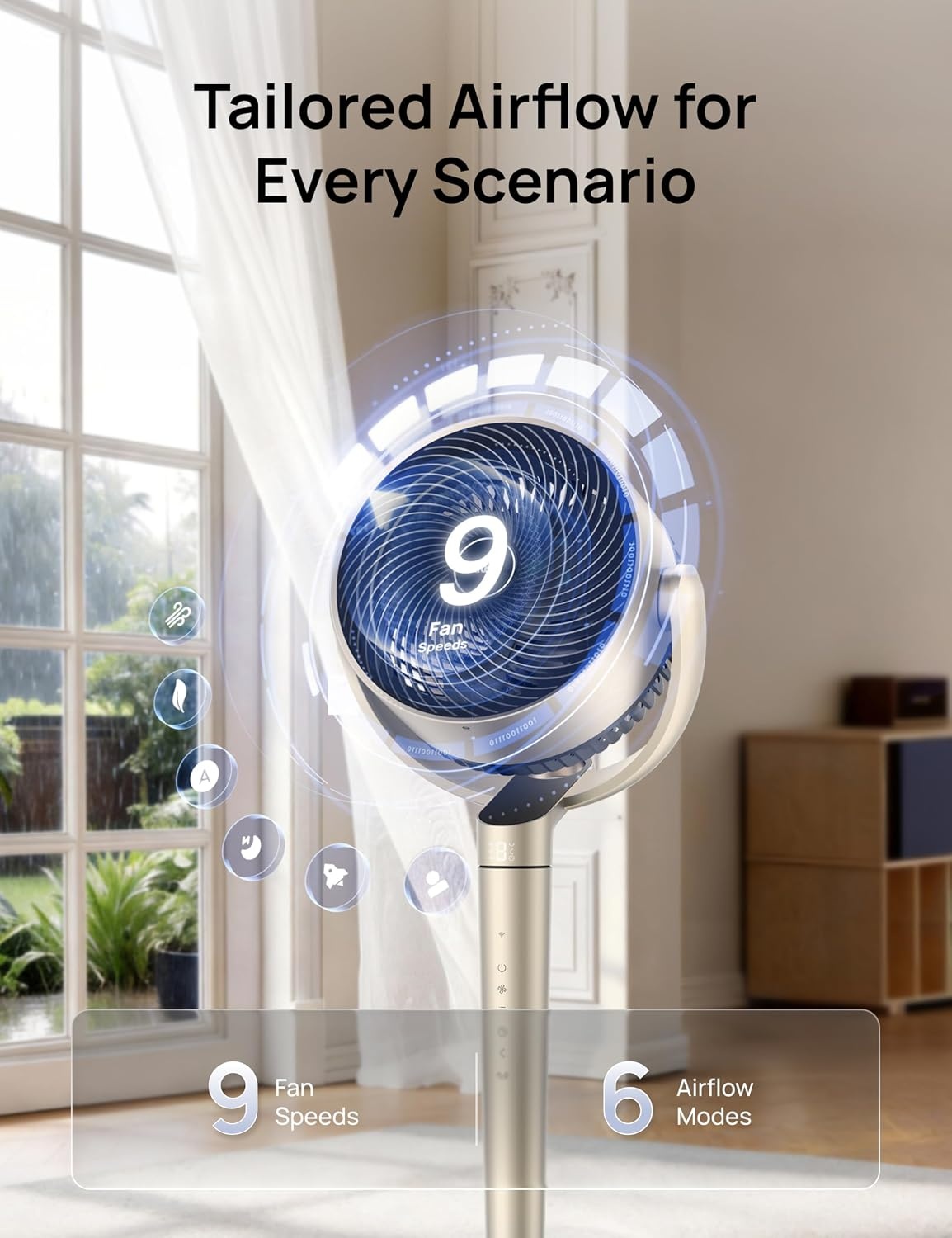 image:imageDREO Smart Fan for Bedroom 110ft Pedestal Fan with DC Motor 150120 OmniDirectional Oscillation Quiet Floor Fan with Smart Control 9 Speeds 6 Modes 43 Inches 12H Timer WiFiVoiceAlexaGold