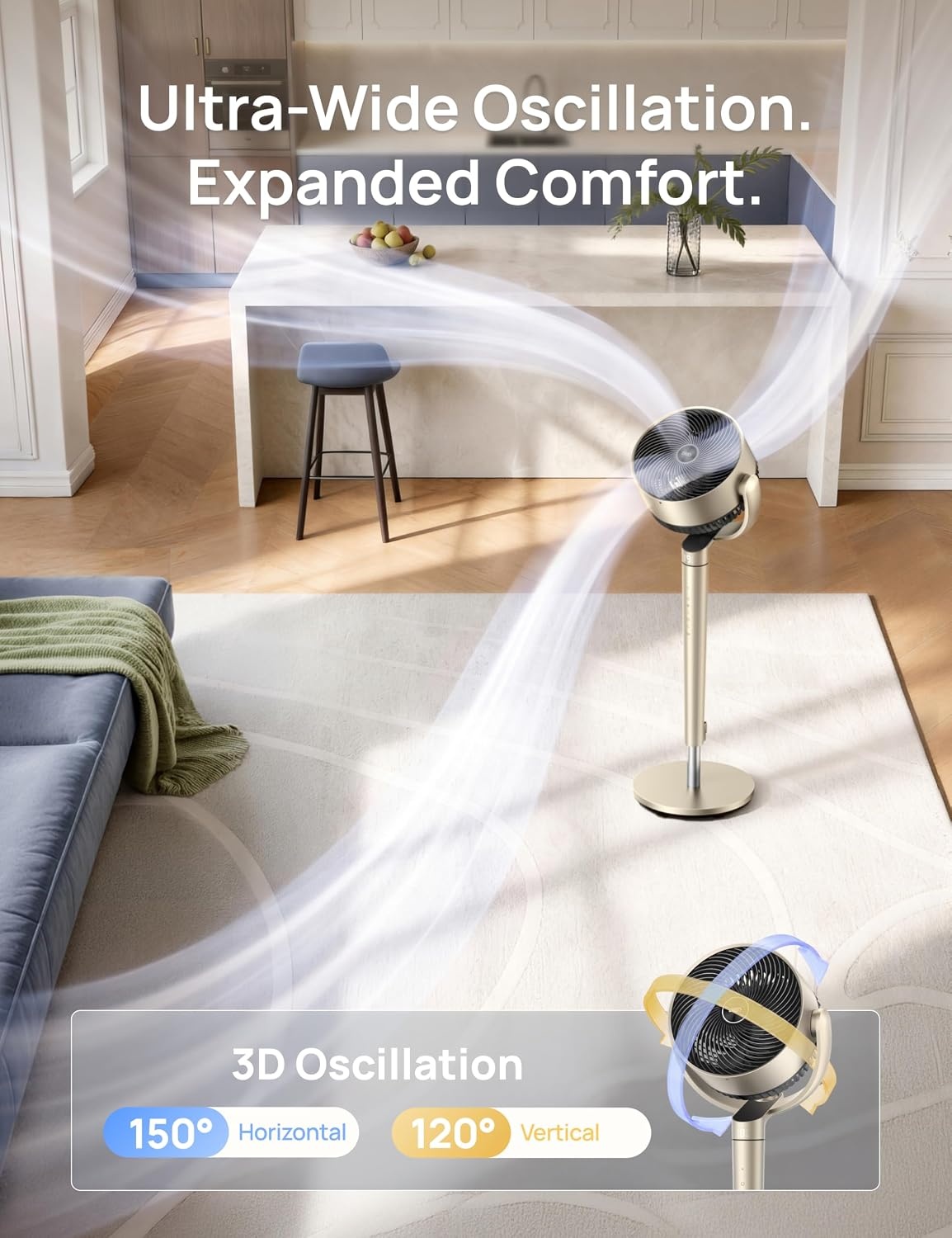 image:imageDREO Smart Fan for Bedroom 110ft Pedestal Fan with DC Motor 150120 OmniDirectional Oscillation Quiet Floor Fan with Smart Control 9 Speeds 6 Modes 43 Inches 12H Timer WiFiVoiceAlexaGold