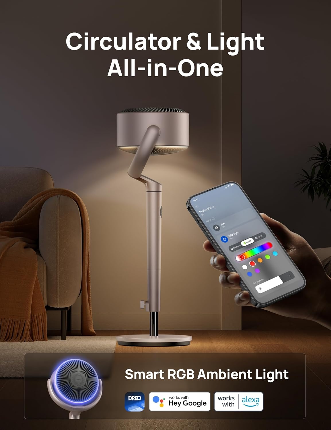 image:imageDREO Smart Fan for Bedroom 120 120 OmniDirectional Oscillating Fans 100ft Quiet Pedestal Fan with RGB Light 9 Speeds 6 Modes 20dB 8H Timer WiFiVoiceAlexa 3540 Floor Fans with Remotestarlight