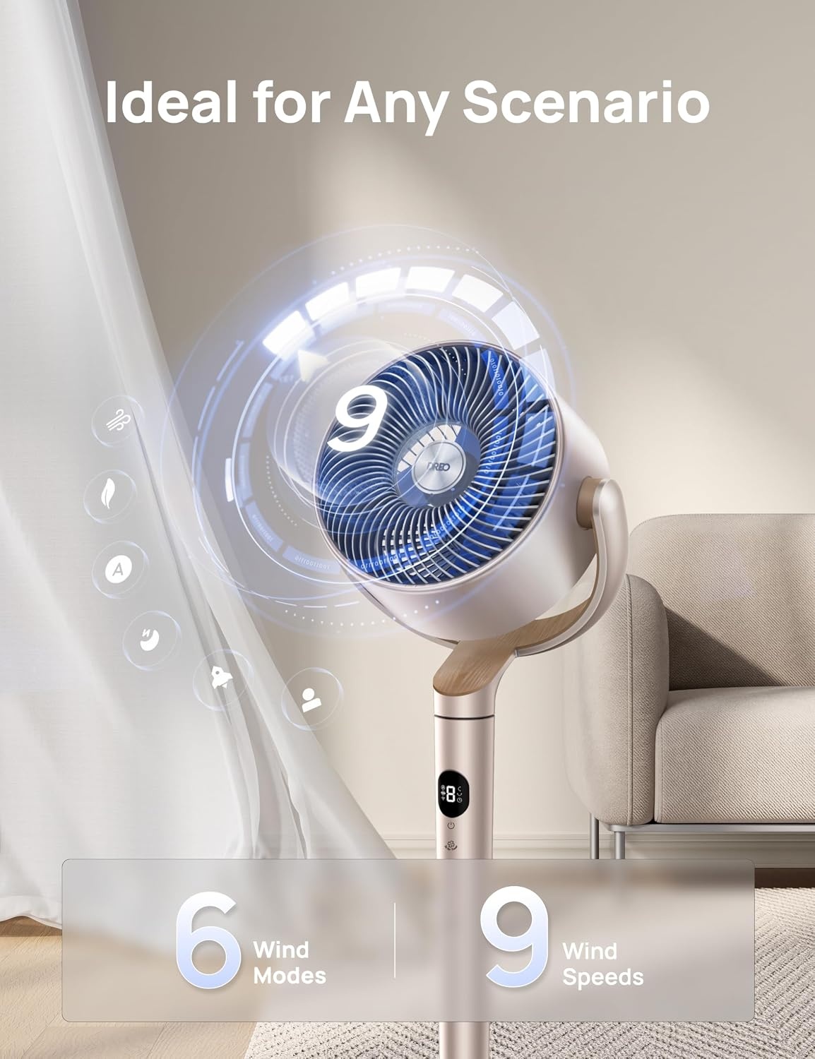 image:imageDREO Smart Fan for Bedroom 120 120 OmniDirectional Oscillating Fans 100ft Quiet Pedestal Fan with RGB Light 9 Speeds 6 Modes 20dB 8H Timer WiFiVoiceAlexa 3540 Floor Fans with Remotestarlight