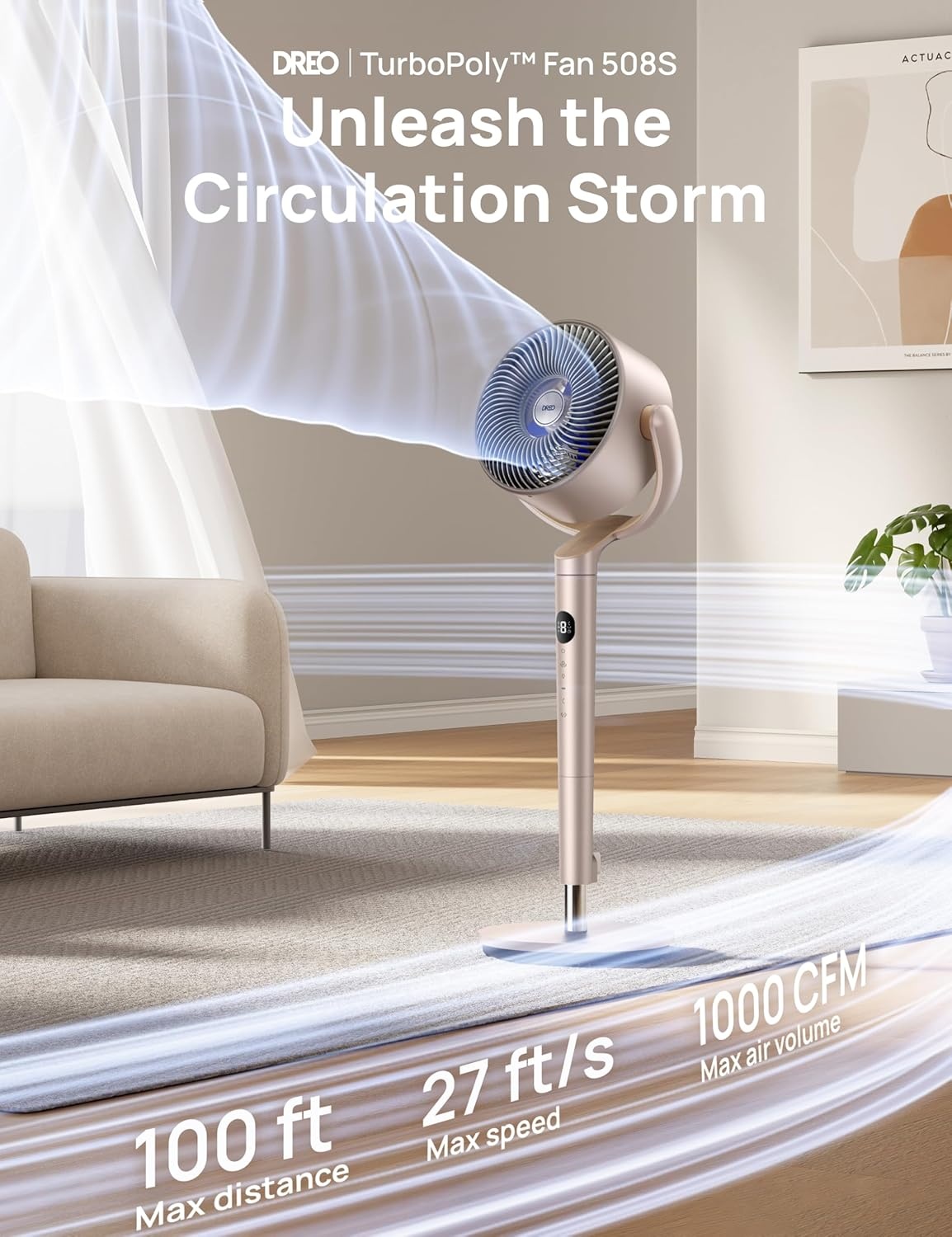 image:imageDREO Smart Fan for Bedroom 120 120 OmniDirectional Oscillating Fans 100ft Quiet Pedestal Fan with RGB Light 9 Speeds 6 Modes 20dB 8H Timer WiFiVoiceAlexa 3540 Floor Fans with Remotestarlight