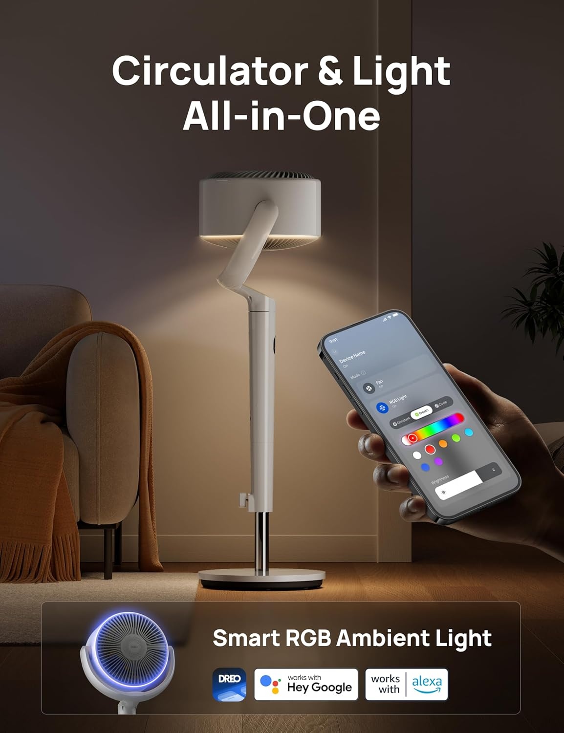 image:imageDREO Smart Fan for Bedroom 120 120 OmniDirectional Oscillating Fans 100ft Quiet Pedestal Fan with RGB Light 9 Speeds 6 Modes 20dB 8H Timer WiFiVoiceAlexa 3540 Floor Fans with RemoteWhite