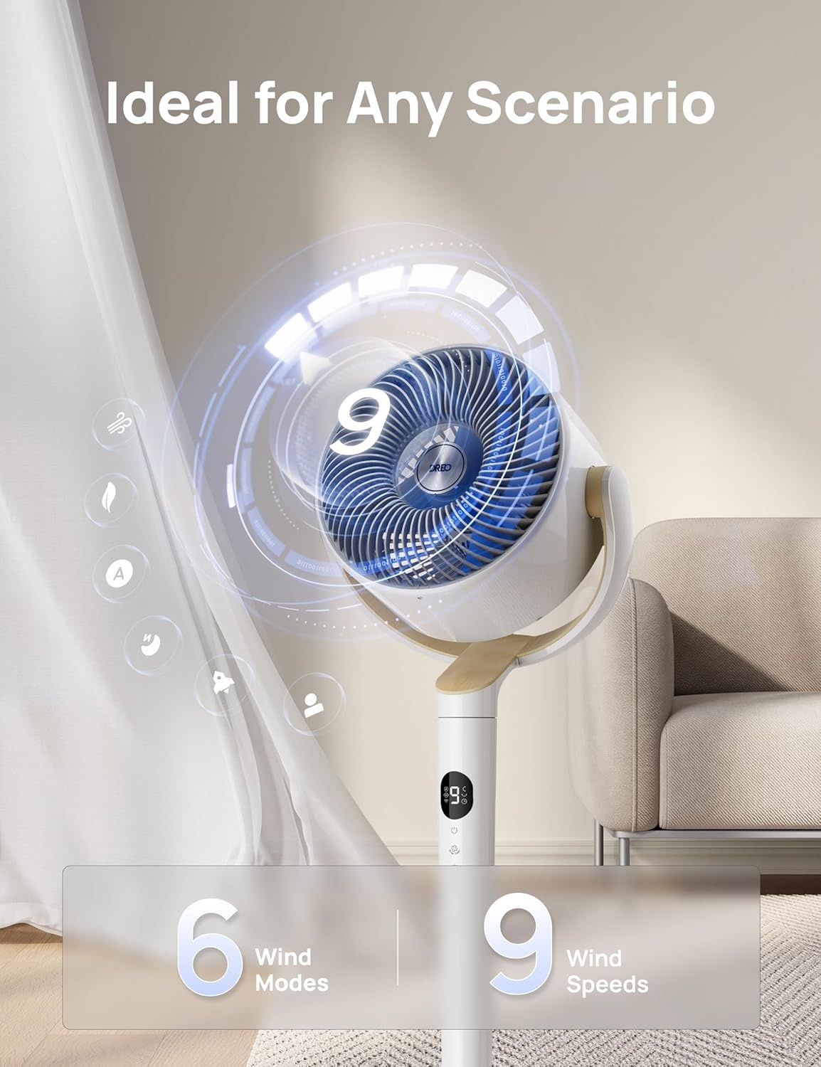 image:imageDREO Smart Fan for Bedroom 120 120 OmniDirectional Oscillating Fans 100ft Quiet Pedestal Fan with RGB Light 9 Speeds 6 Modes 20dB 8H Timer WiFiVoiceAlexa 3540 Floor Fans with RemoteWhite