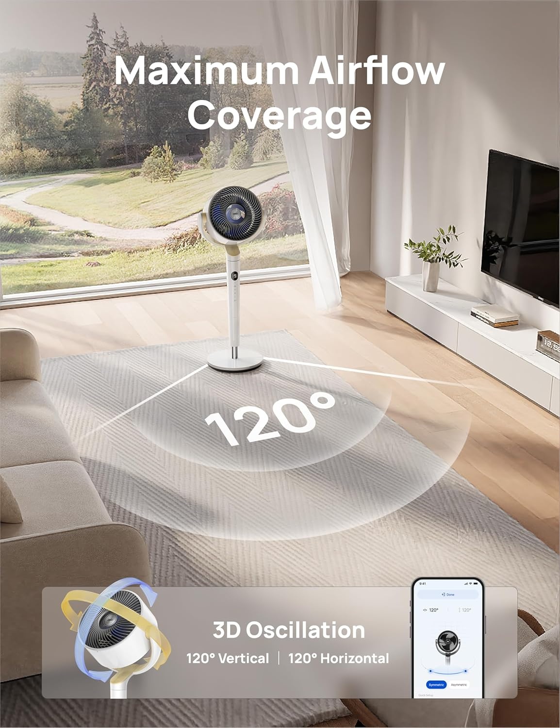 image:imageDREO Smart Fan for Bedroom 120 120 OmniDirectional Oscillating Fans 100ft Quiet Pedestal Fan with RGB Light 9 Speeds 6 Modes 20dB 8H Timer WiFiVoiceAlexa 3540 Floor Fans with RemoteWhite