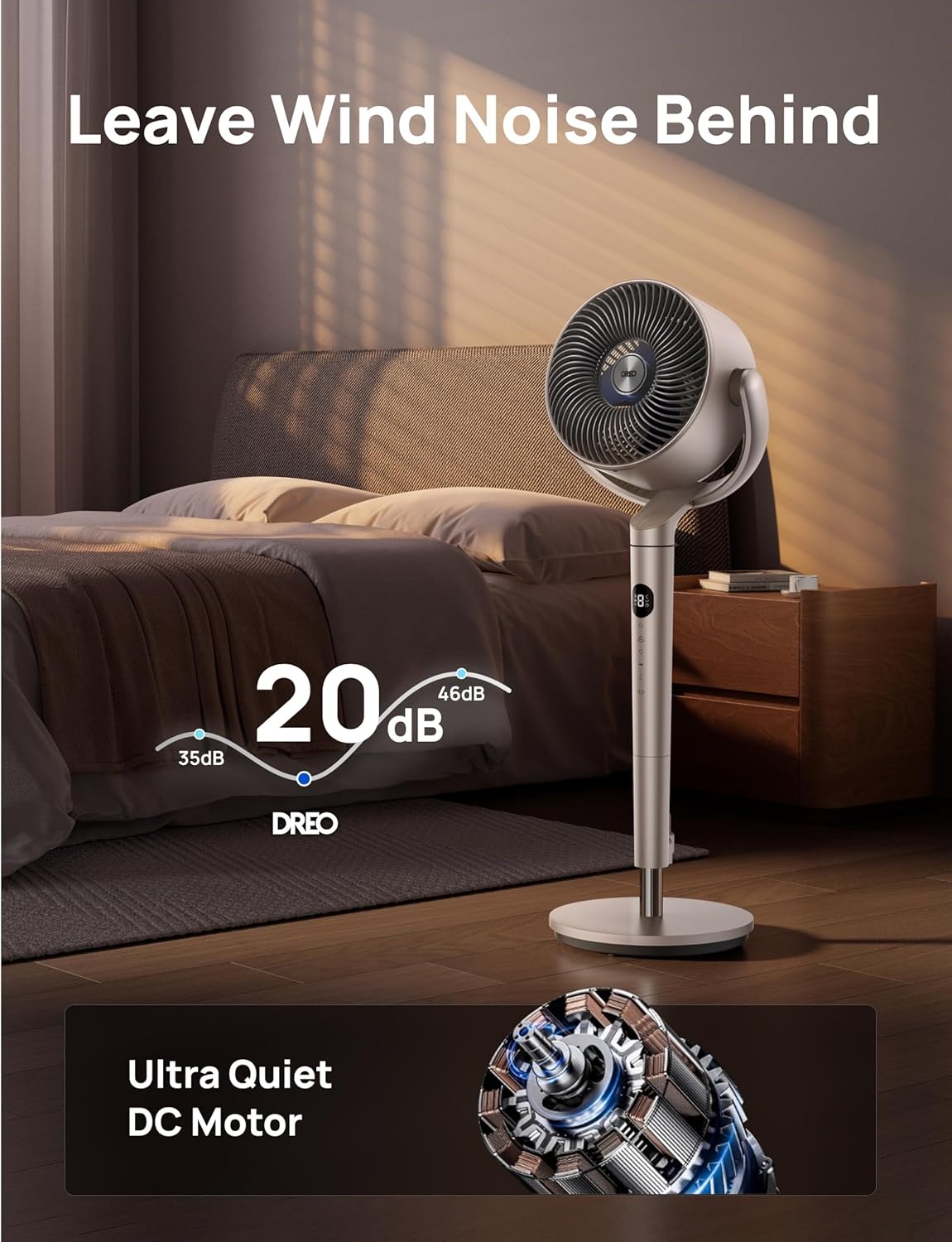 image:imageDREO Smart Fan for Bedroom 120 120 OmniDirectional Oscillating Fans 100ft Quiet Pedestal Fan with RGB Light 9 Speeds 6 Modes 20dB 8H Timer WiFiVoiceAlexa 3540 Floor Fans with Remotestarlight