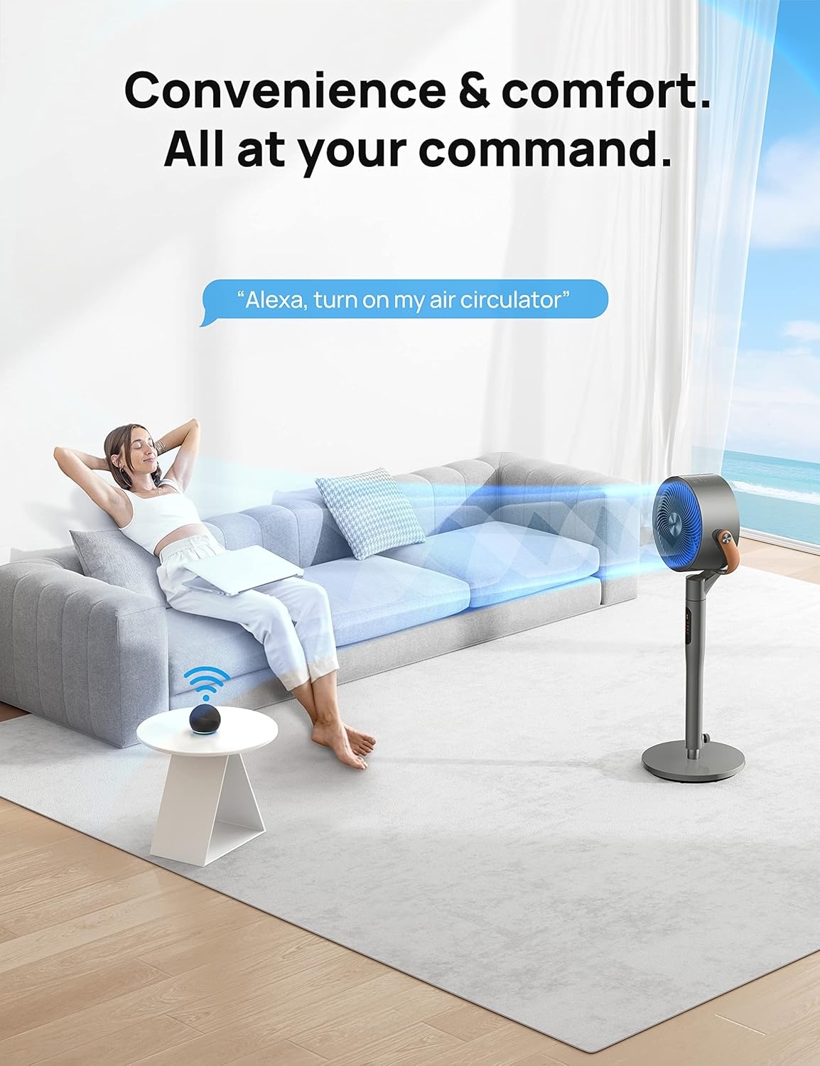 image:imageDREO Smart Fan for Bedroom 120105 Omnidirectional Oscillating Quiet 20dB Fan 100ft Air Circulator Pedestal Fan with DC Motor 8 Speeds 6 Modes 3743 Height WiFiVoiceAlexa no lightGrey