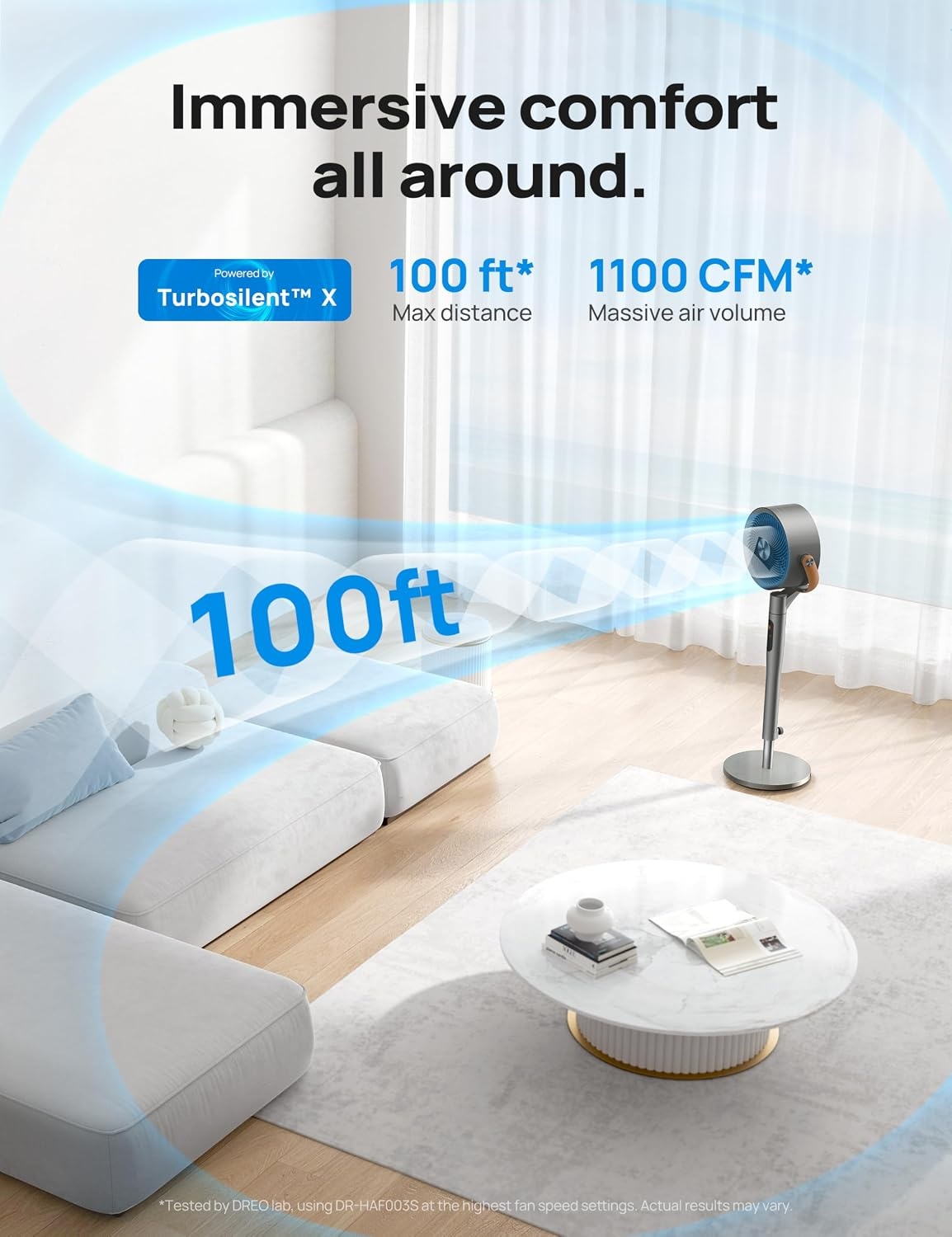 image:imageDREO Smart Fan for Bedroom 120105 Omnidirectional Oscillating Quiet 20dB Fan 100ft Air Circulator Pedestal Fan with DC Motor 8 Speeds 6 Modes 3743 Height WiFiVoiceAlexa no lightGrey