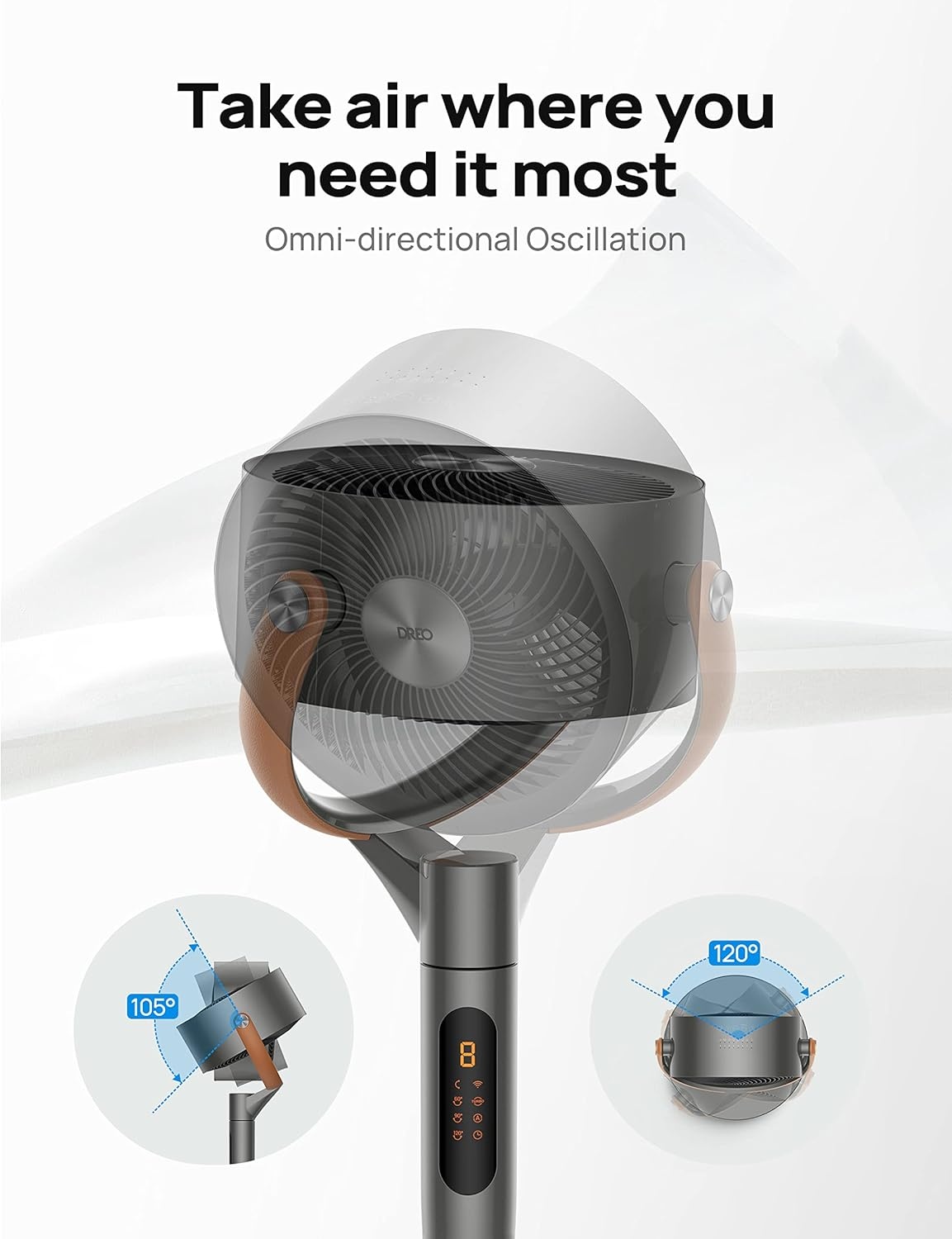 image:imageDREO Smart Fan for Bedroom 120105 Omnidirectional Oscillating Quiet 20dB Fan 100ft Air Circulator Pedestal Fan with DC Motor 8 Speeds 6 Modes 3743 Height WiFiVoiceAlexa no lightGrey